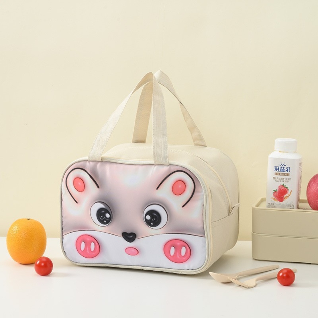 Geantă Frigorifică, Flippy, cu Desene Animat 3D, Portabilă pentru Copii, de Prânz, din Pânză Oxford, 27.5x18x20 cm, Model Soricel, Bej