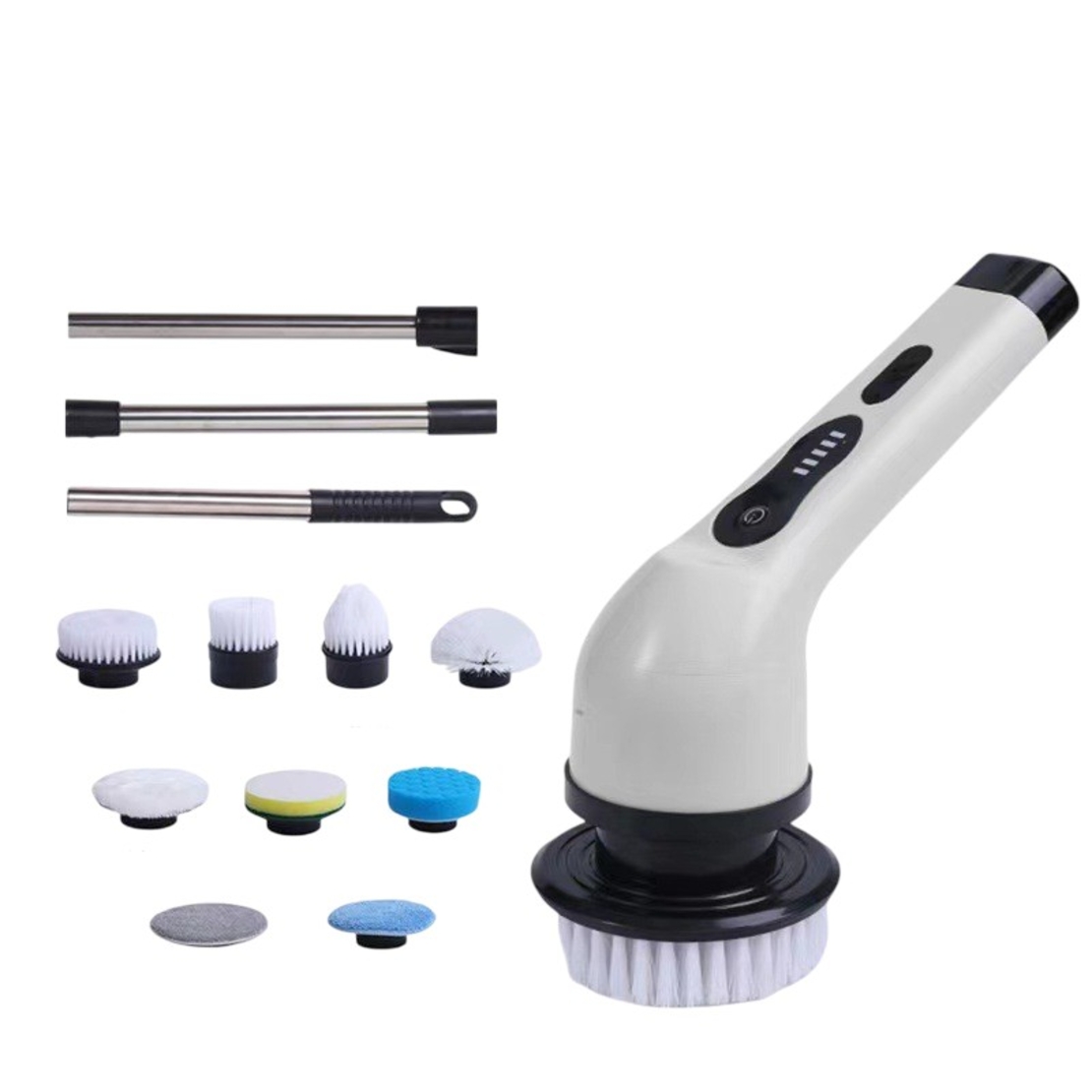 Perie Electrica de Curatare, Flippy, pentru Gresie, Baie, Bucatarie, 25x20x9.5 cm, cu 9 Capete, Maner Extensibil Detasabil 84-127cm, Incarcare USB-Type C, Rotire 360 de Grade, 3000 mAh, Culoare: Alb