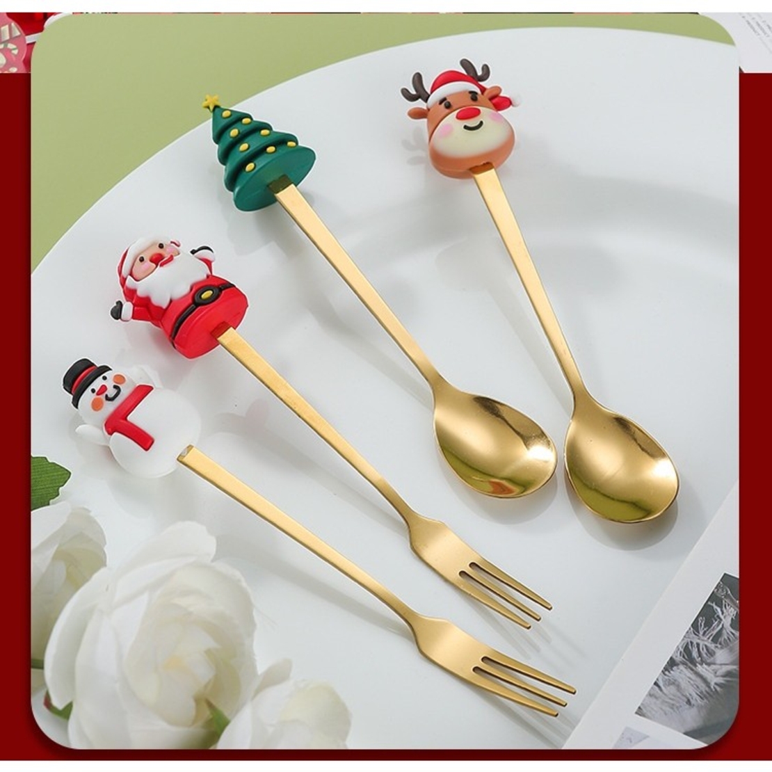 Set 4 Tacamuri, Flippy, Tema Craciun, 2 Linguri + 2 Furculite, cu Figurine, din Otel Inoxidabil, Cutie Cadou, 19 x 15 x 2.2 cm, Auriu