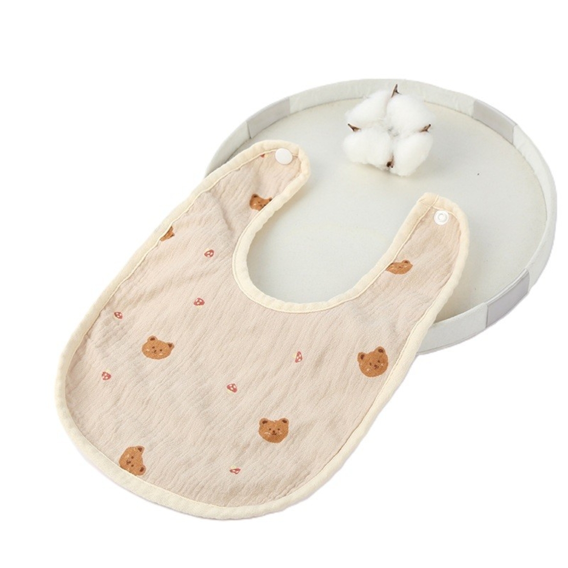Baveta in Forma de U, Flippy, din Bumbac, pentru Copii 0-12 Luni, Rezistenta la Apa, cu Capse, Model cu Ursuleti,  21x30 cm, Bej