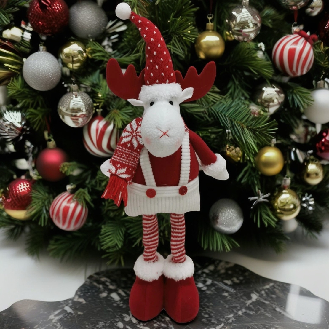 Figurina Decorativa, Pentru Craciun, Flippy, Ren, Picioare Telescopice, Inaltime Reglabila 44-54cm, Caciula cu Inimioare, Alb/Rosu