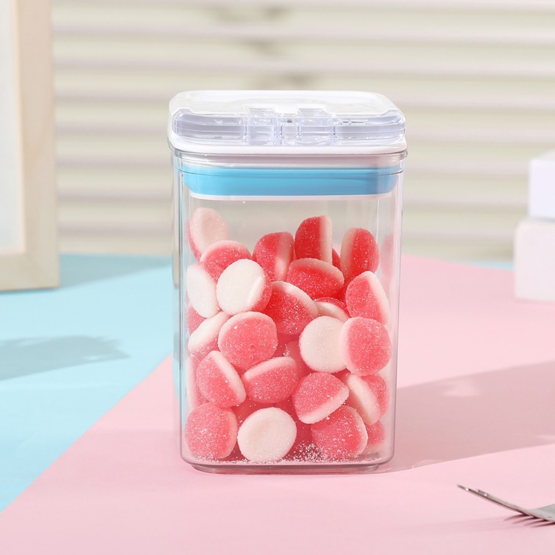 Cutie de Depozitare Alimente, Flippy, tip Container, 0.8L, 10x10x15.5 cm, Recipiente pentru Cereale in Bucatarie,  Transparente cu Capac Alb-Albastru