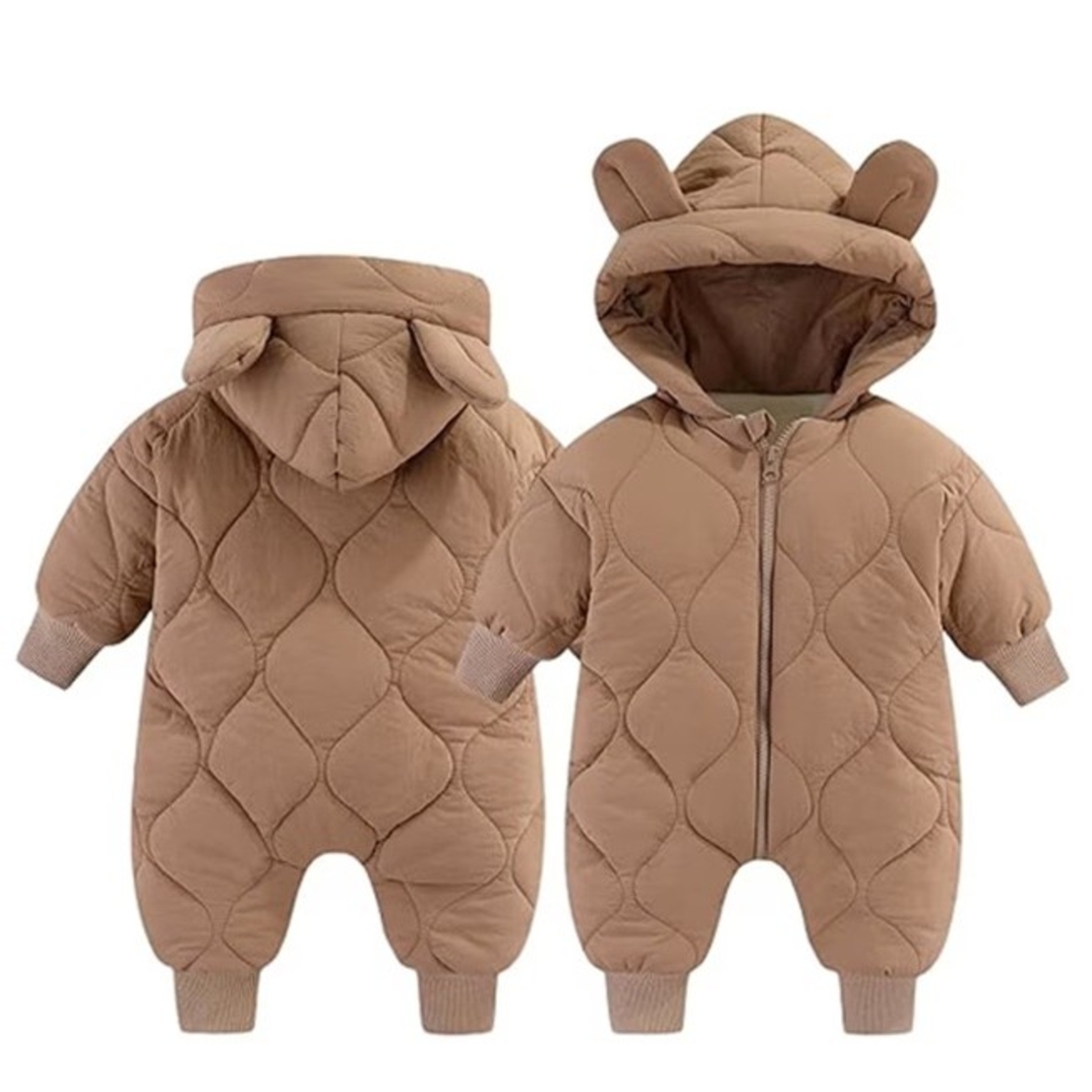 Combinezon de Iarna, Flippy, pentru Bebelusi, din Bumbac, cu Urechi, Mansete Elastice, Unisex, 73 cm, Maro