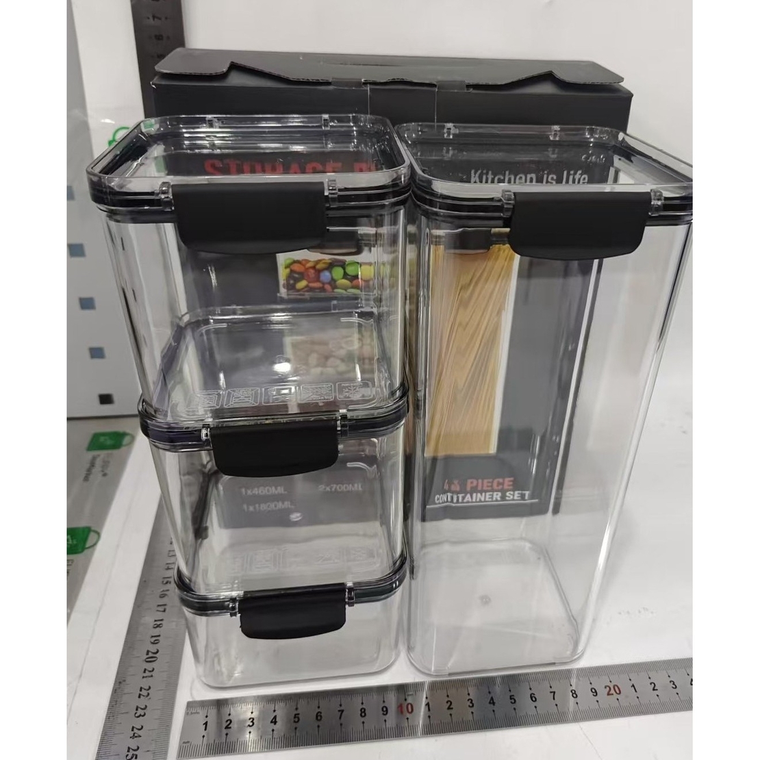 Set 4 Recipiente din Plastic, Flippy, pentru Alimente/Obiecte, Inchidere Ermetica, 1 x 460 ml, 2 x 700 ml, 1 x 1300 ml, Transparent