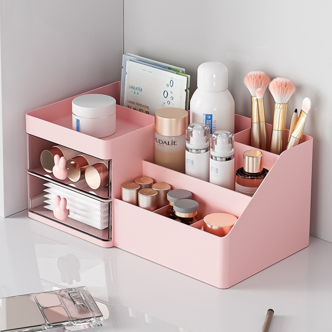 Cutie de Depozitare pentru Birou, Flippy, Pentru Makeup, Papetarie, Organizator Cosmetice, 2 Sertare si Compartimente Multiple, Model Iepuras, Plastic, 27.5x15.5x12 cm, Roz