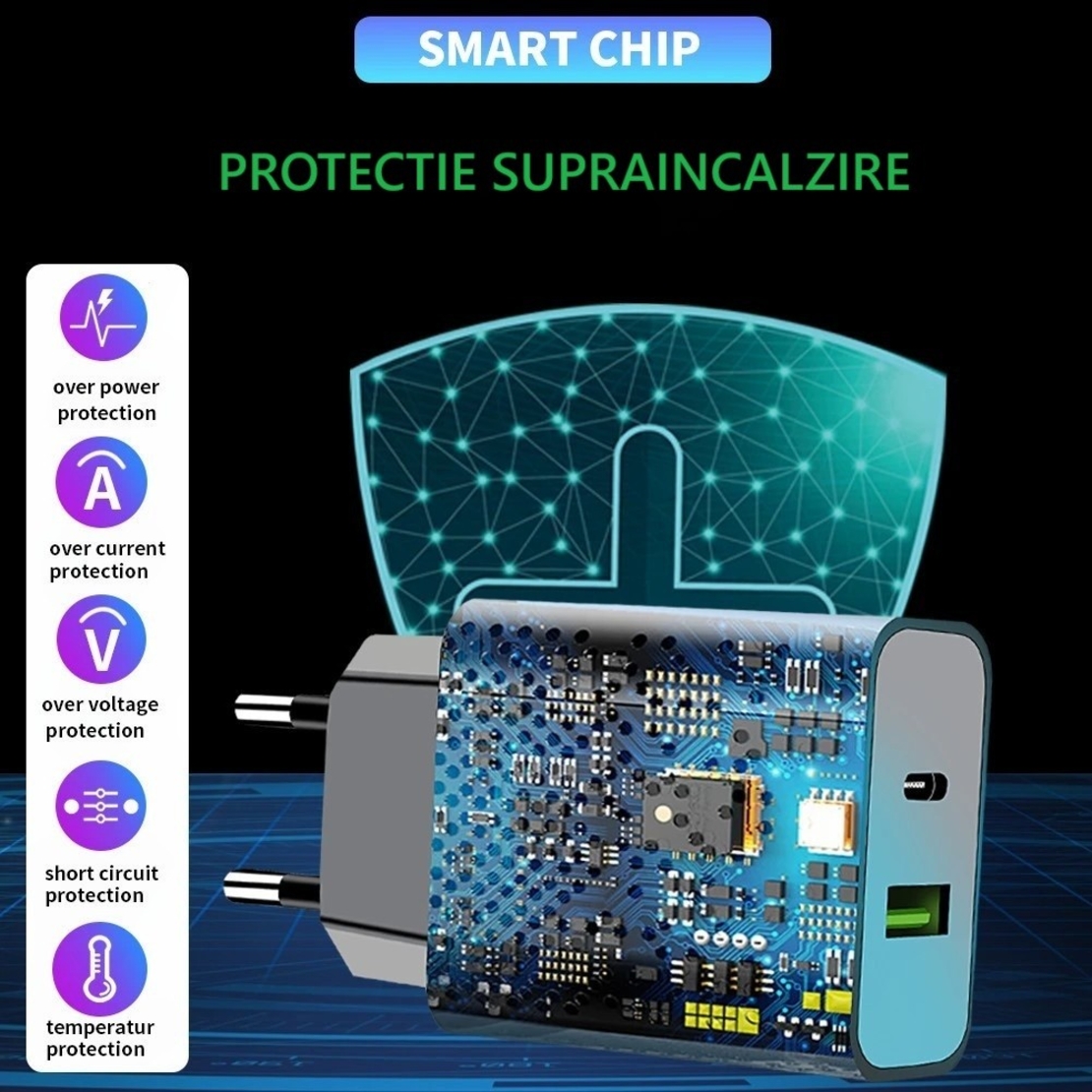Incarcator Rapid PD QC3.0, Flippy, 2 Porturi, USB + Type C, 20W, Incarcare Rapida, Protectie Supraincalzire, 9.5 x 5.3 x 5.8 cm, Negru