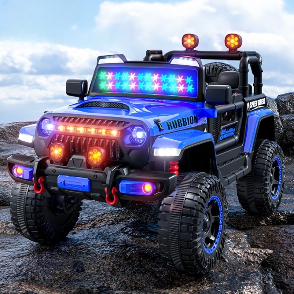 Masina Electrica pentru Copii, Flippy, Off-Road, Conectare Bluetooth, telecomanda, Tractiune Spate, Lumina Intermitenta, Baterie 12V 7Ah, 120 x 63 x 68cm, Albastru