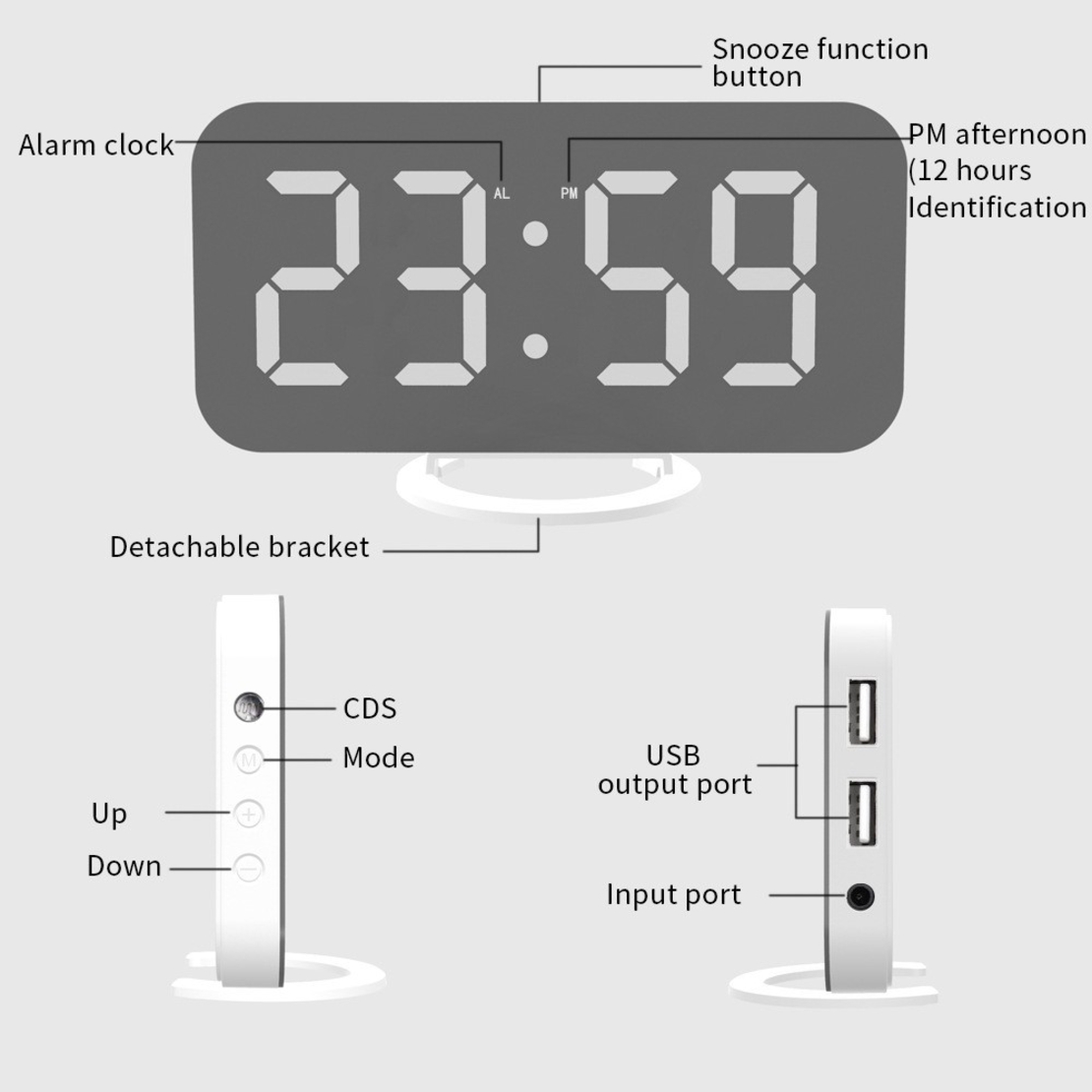Ceas digital cu LED, Flippy, multifunctional, afisaj digital, alarma, 2 porturi USB de iesire, ecran tip oglinda, modern, 15.8 cm, alb