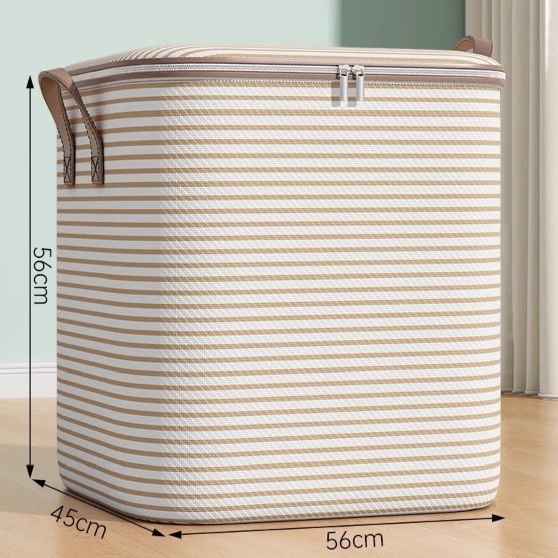 Cutie de Depozitare cu Fermoar, Flippy, Pliabila, Maner Ranforsat, Fermoar Rezistent, pentru Haine, Paturi, Plapume, Perne, Lenjerii de Pat, Jucarii, 56x45x56 cm, 150 Litri, in Dungi, Bej