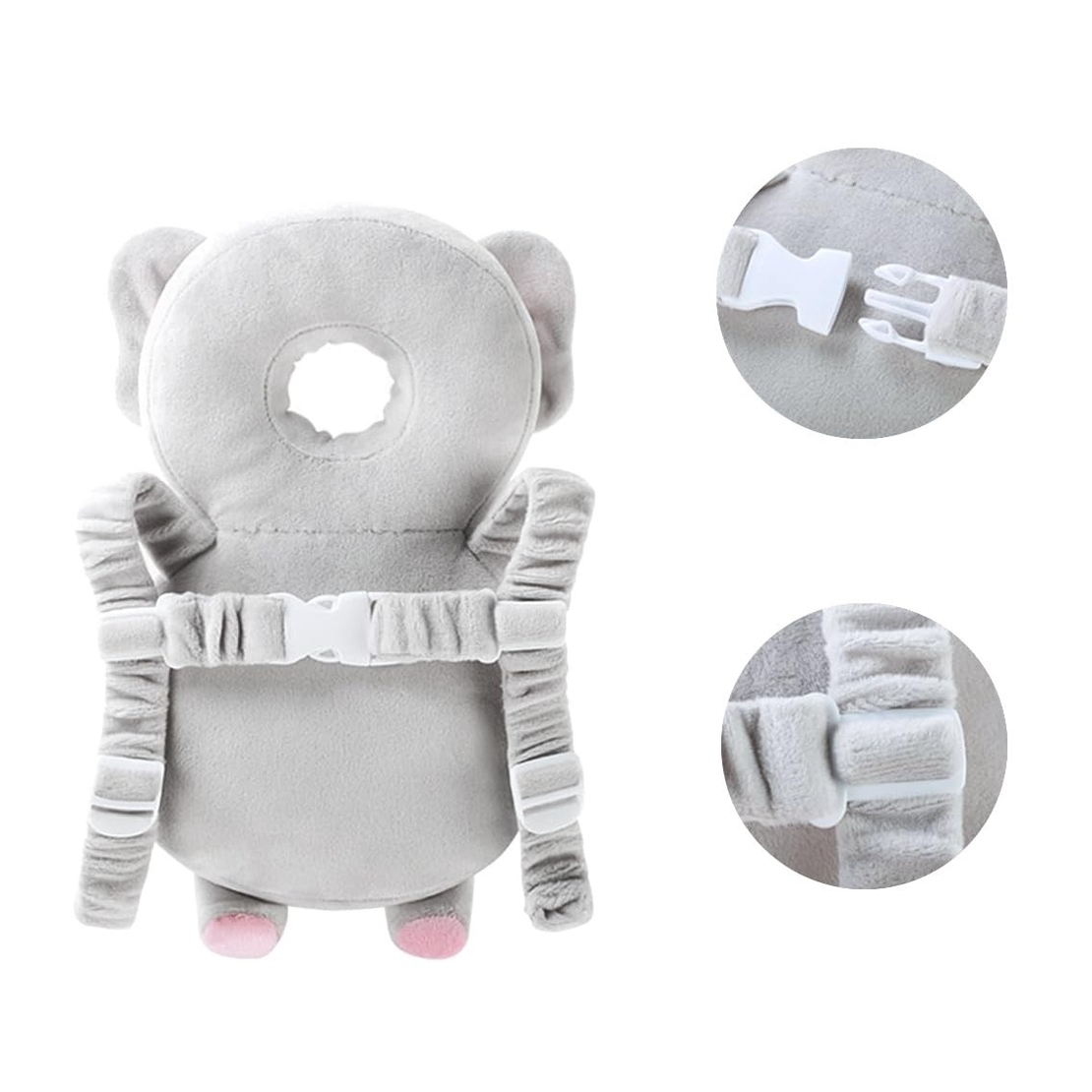 Perna tip Rucsac pentru Protectia Capului, Flippy, Tetiera tip Elefant de Plus, pentru Bebelusi, 33x6x19 cm, 180 g, Gri