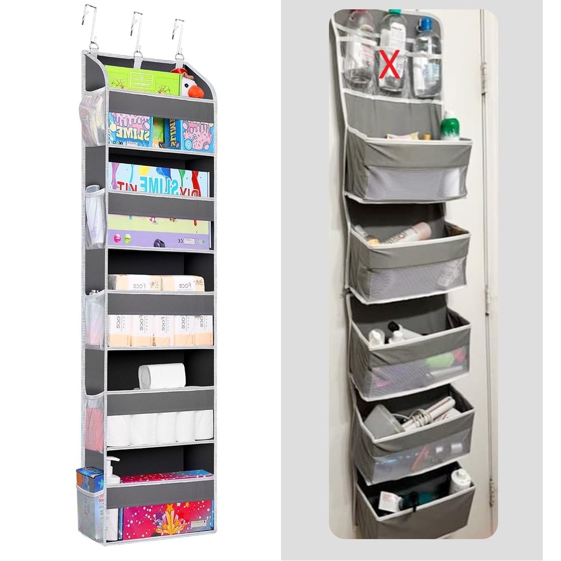 Organizator Suspendat pentru Usi, Flippy, din Nailon si Plasa, Baza de Carton Ingrosat, 5 Buzunare Principale + 10 Buzunare Laterale, 140 x 39 x 17 cm, 3 Carlige Incluse, Gri