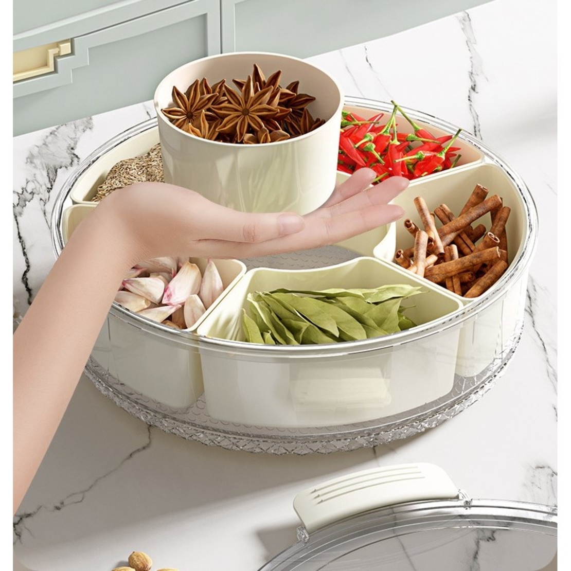 Cutie de Depozitare pentru Alimente, Flippy, cu 6 Compartimente, pentru Condimente, Fructe, Legume, cu Manere de Prindere, Rotativa 360 de Grade, Inchidere Ermetica, 32x8 cm, Alba