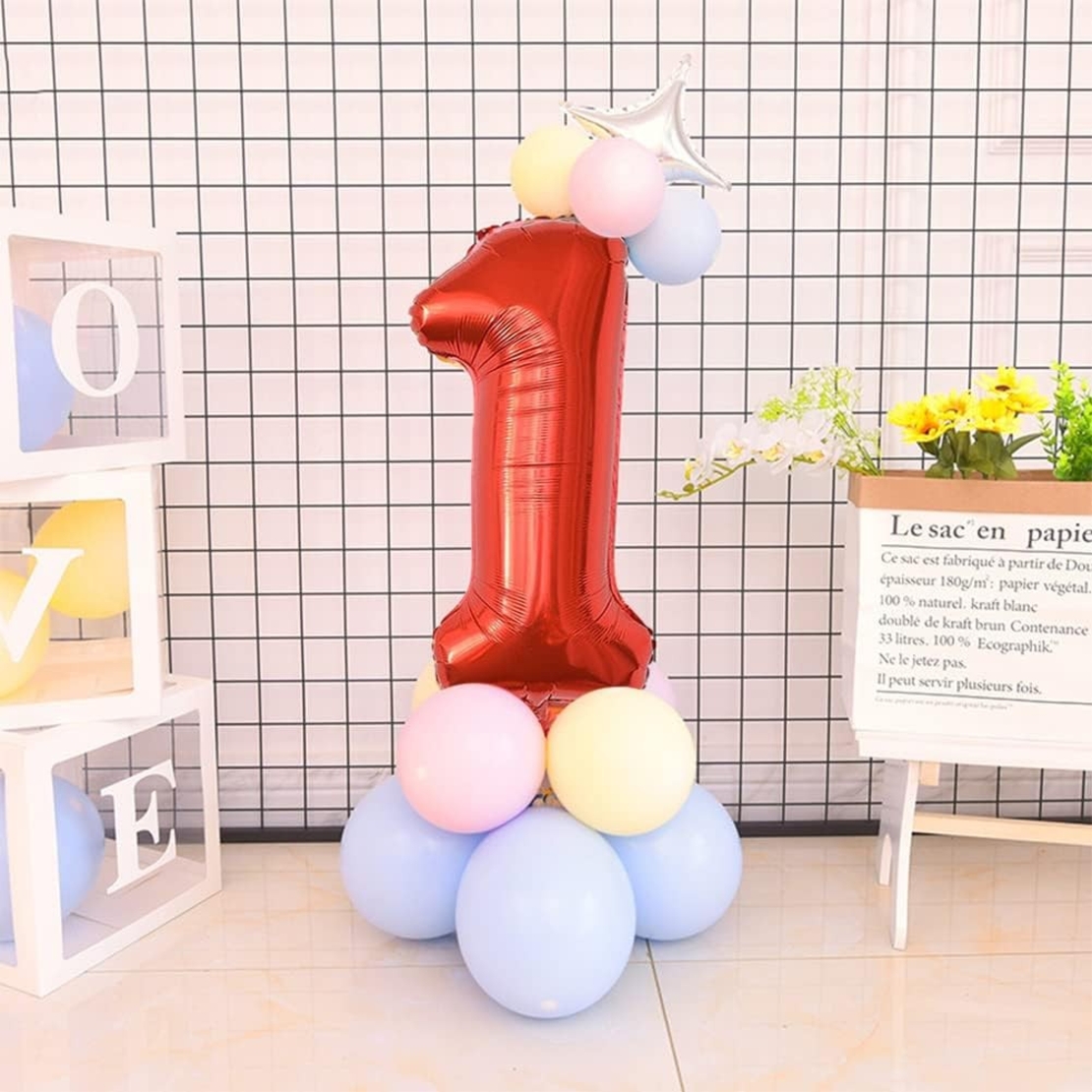 Balon din Folie Metalizata Flippy, Figurina Cifra, Tema Aniversare 80 cm, Ambalaj Individual, Pai inclus, Umflare cu Aer sau Heliu, Rosu, Cifra 1