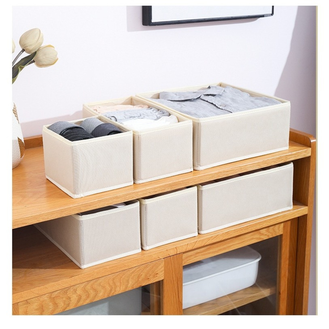 Organizator pentru Sertar, Flippy, 3 Marimi, pentru Lenjerie, Tricouri, Sosete, 6 Piese, Pliabil, Stivuibil, din Tesatura, Alb