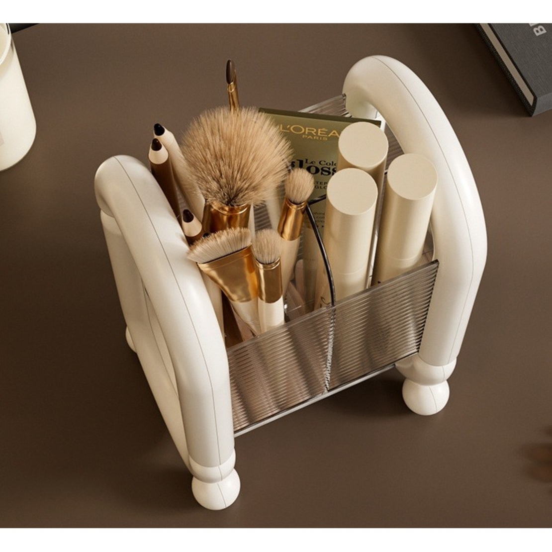 Cutie pentru Depozitare Cosmetice, Flippy, pentru Pensule, Creioane si Buretei, 4 Compartimente, din Plastic, 12 x 10 x 20 cm, Alb