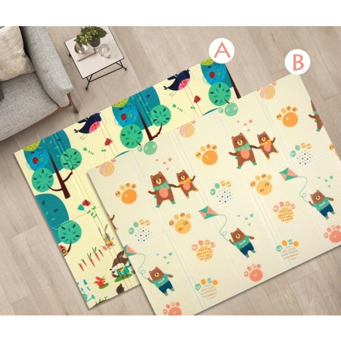 Covoras pentru Copii, Flippy, cu 2 Fete, Model Zmeu/Ursi, din XPE+PE, Impermeabil, Antiderapant, Protectie Termica, +3 Luni, Pliabil, 180 x 200 x 1.5 cm, Multicolor