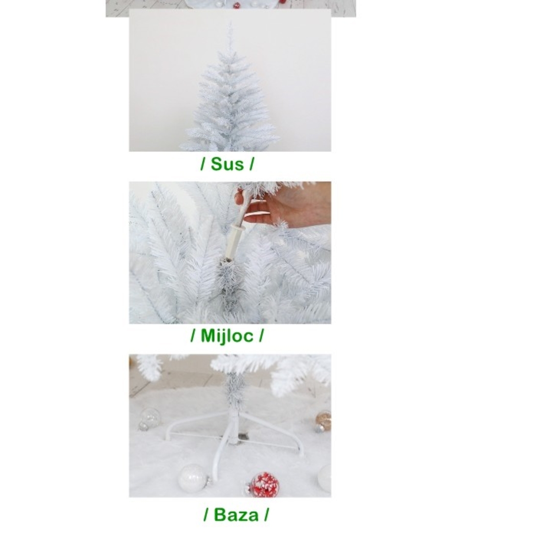 Brad de Craciun artificial cu suport inclus Flippy, 180 cm, 600 ramuri/varfuri, material plastic, suport clasic, fara iluminare, utilizat pentru interior/exterior, alb