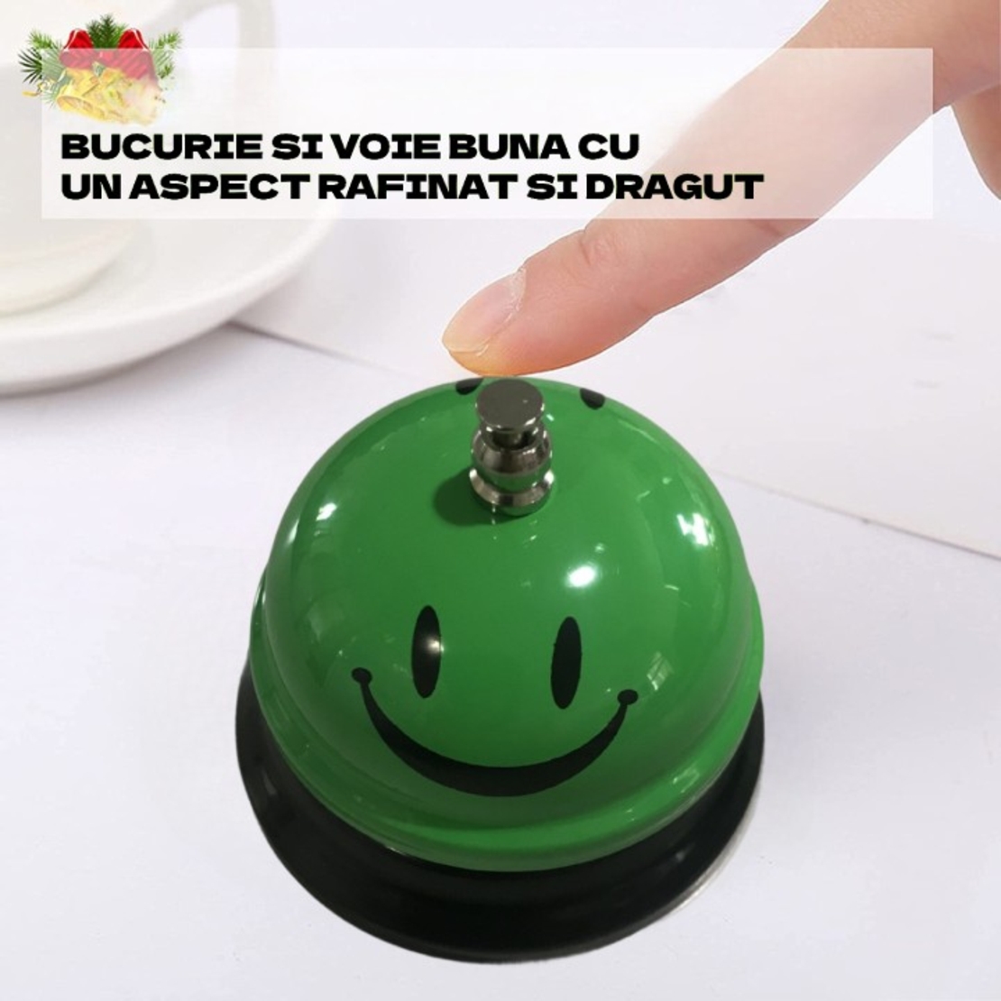 Clopotel Metalic Multifunctional, Flippy, Verde cu Imprimeu Smiley Face, 7.5x7.5x6.5 cm, Receptie, Restaurant, Cafenele