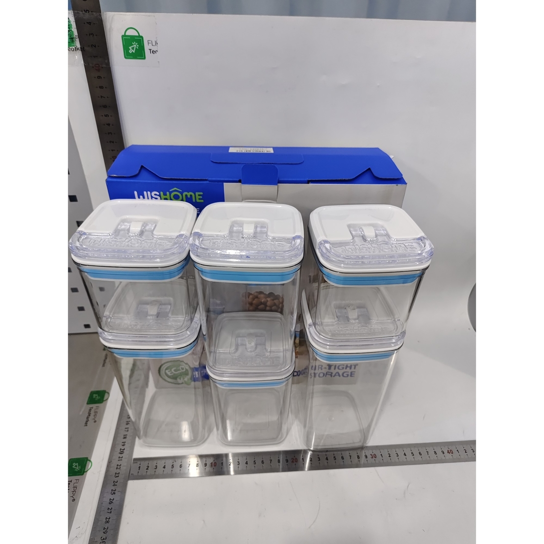 Cutii de Depozitare Alimente, Flippy, Set din 6 Cutii de tip Container, 2x0.5 l, 2x0.8 l, 2x1.2 l, Recipiente pentru Cereale in Bucatarie,  Transparente cu Capac Albastru-Alb
