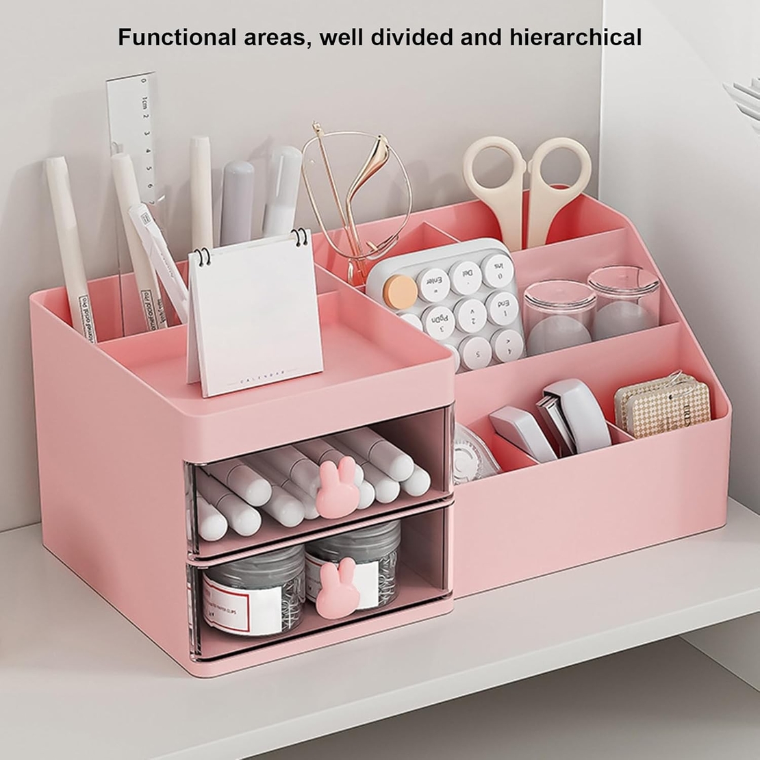 Cutie de Depozitare pentru Birou, Flippy, Pentru Makeup, Papetarie, Organizator Cosmetice, 2 Sertare si Compartimente Multiple, Model Iepuras, Plastic, 27.5x15.5x12 cm, Roz