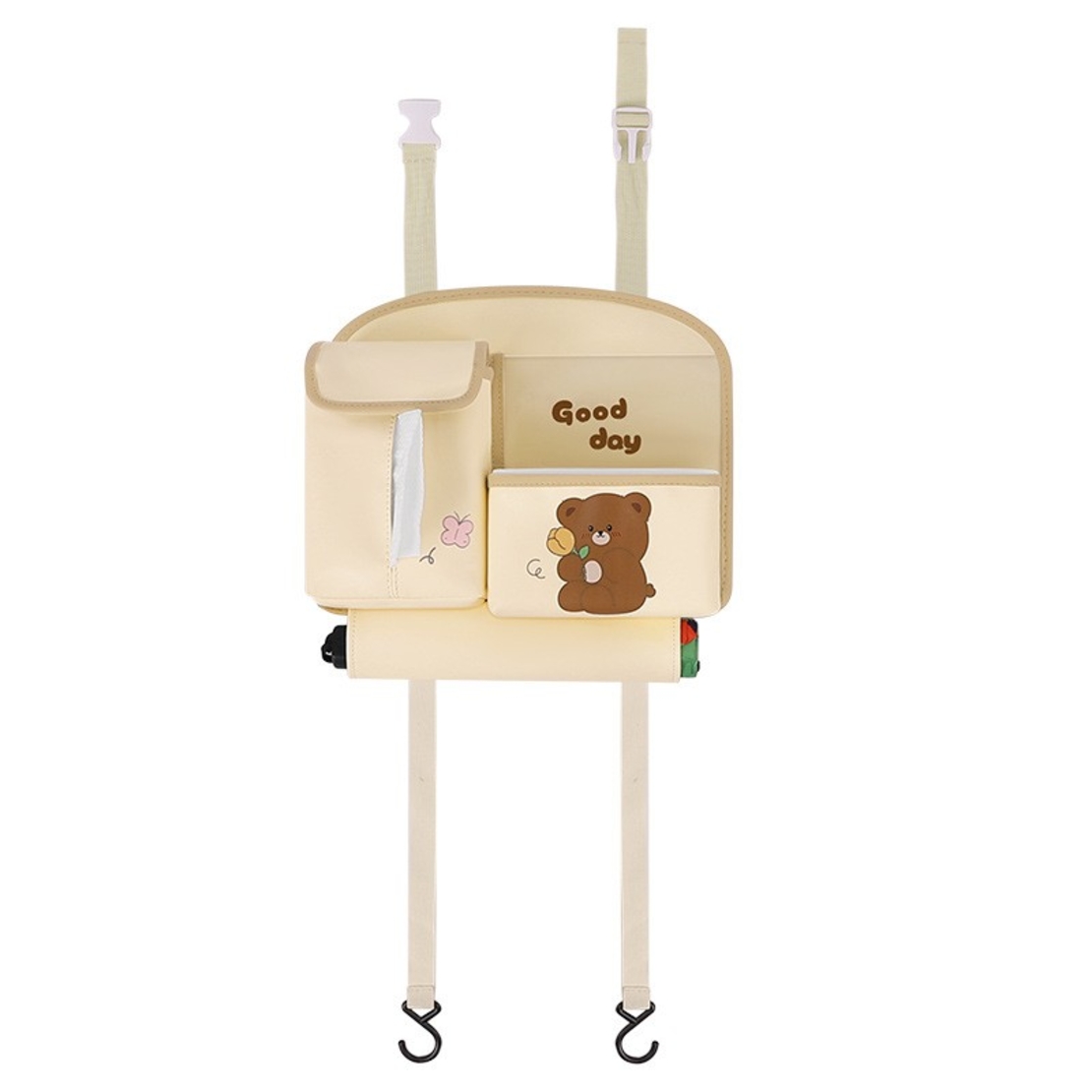 Geanta Multifunctionala de Depozitare, Flippy, pentru Bancheta din Spate a Masinii, Animat, Model Ursuleti, Scris Good Day, Suport Servetele si Telefon, 25x31 cm, Bej