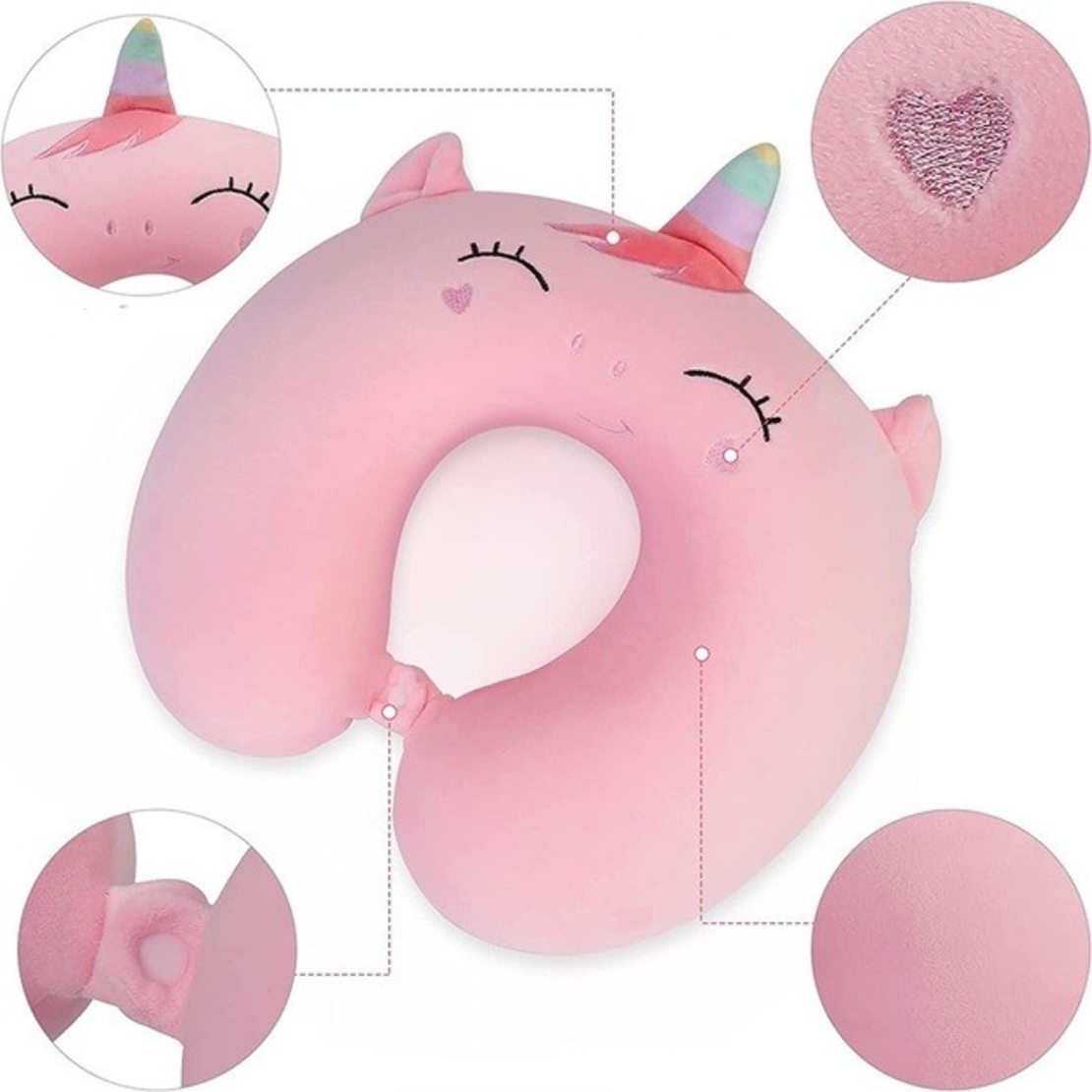 Perna de Calatorie in Forma de U, Flippy, Pentru Gat si Cap, Umplutura din Spuma cu Memorie, 30x30 cm, Model Unicorn, Accesoriu de Voiaj, Birou, Masina, Sistem Prindere Capse, Roz