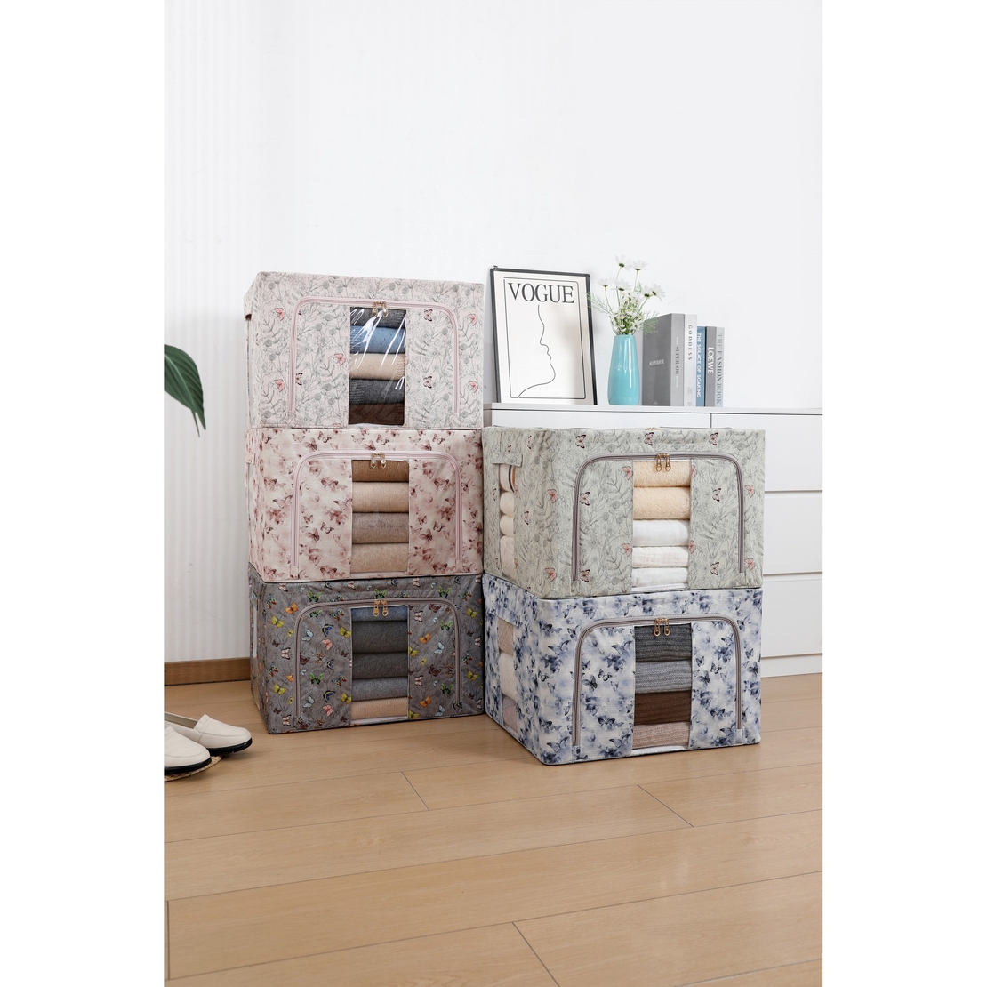 Cutie Depozitare, Flippy, 66L, din Material Textil, 50 x 40 x 33 cm, pentru Haine si Lenjerii, Model Fluturasi, Gri Inchis