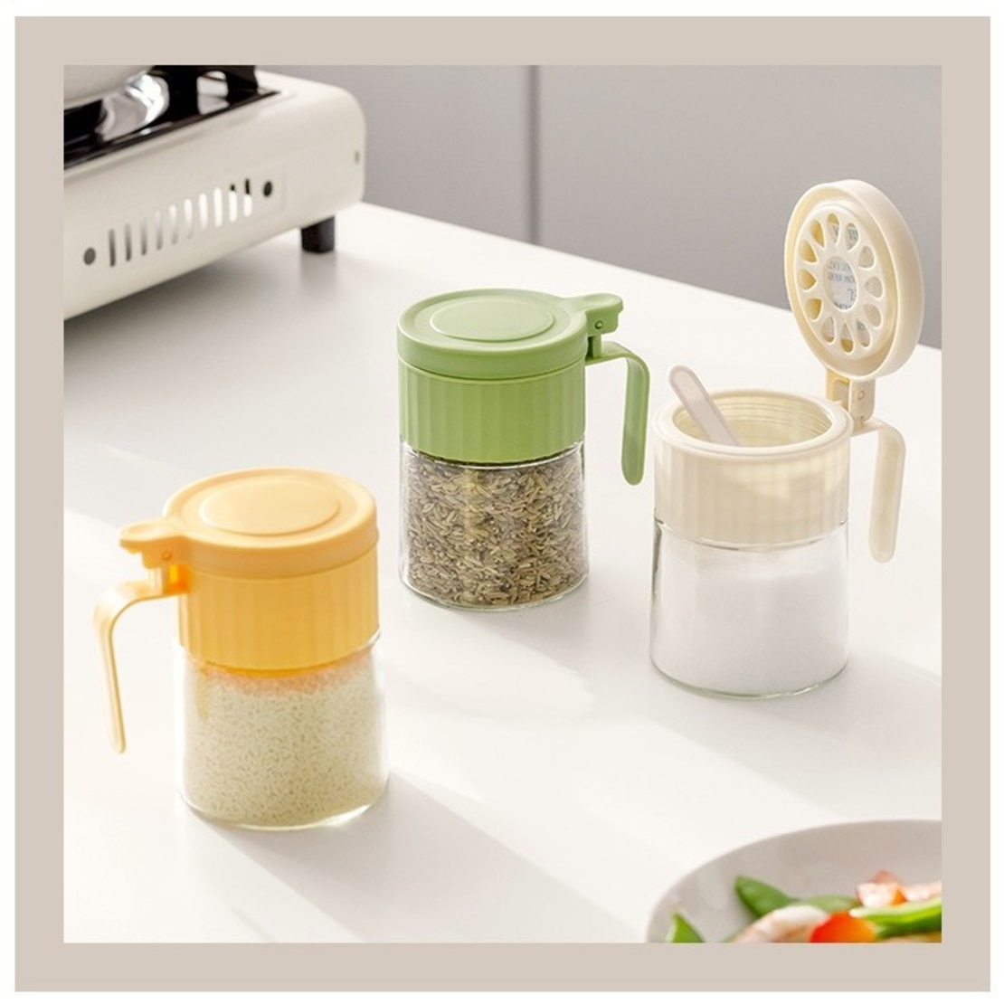 Recipient Condimente, Flippy, din Stilca, 180 ml, cu Maner si Lingurita, 10.6 x 7 x 7 cm, Capac Mat, Verde