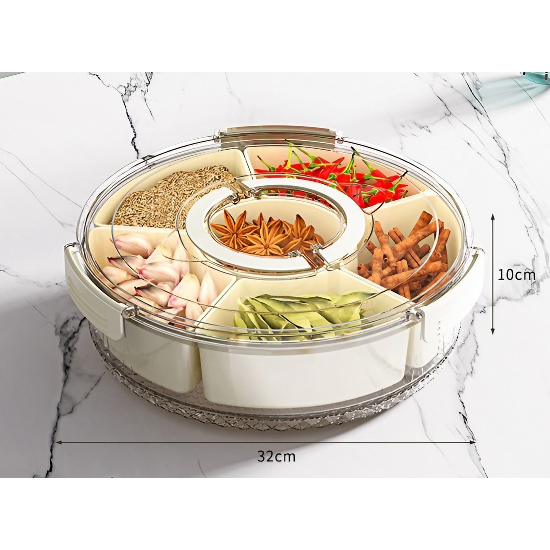 Cutie de Depozitare pentru Alimente, Flippy, cu 6 Compartimente, pentru Condimente, Fructe, Legume, cu Manere de Prindere, Rotativa 360 de Grade, Inchidere Ermetica, 32x10 cm, Alba