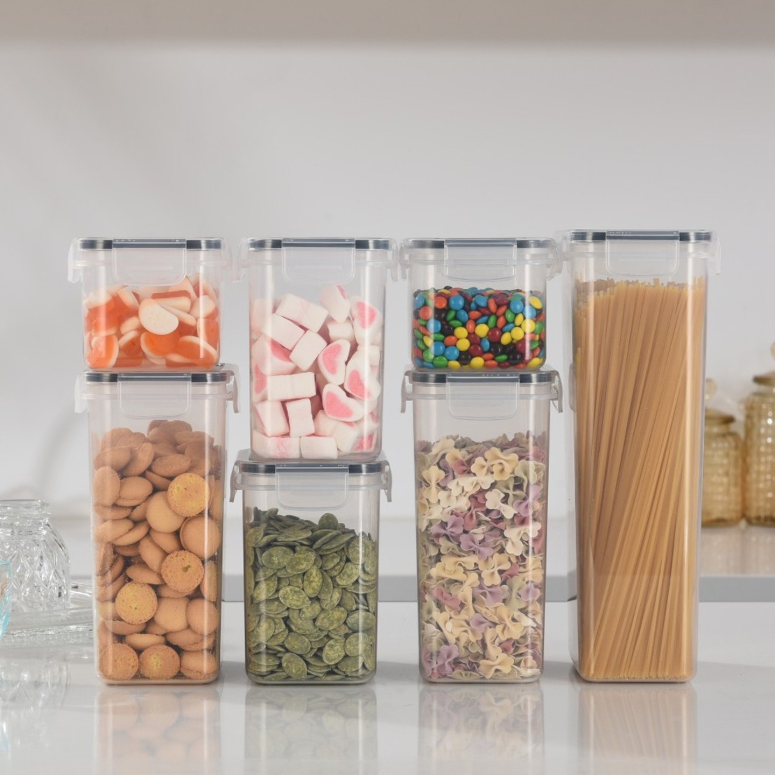 Cutii de depozitare alimente, Flippy, Set din 7 Cutii pentru Condimente, Cereale, Cutii pentru Bucatarie, din Plastic PP, Cutii Alimentare, Diferite Dimensiuni, Transparente