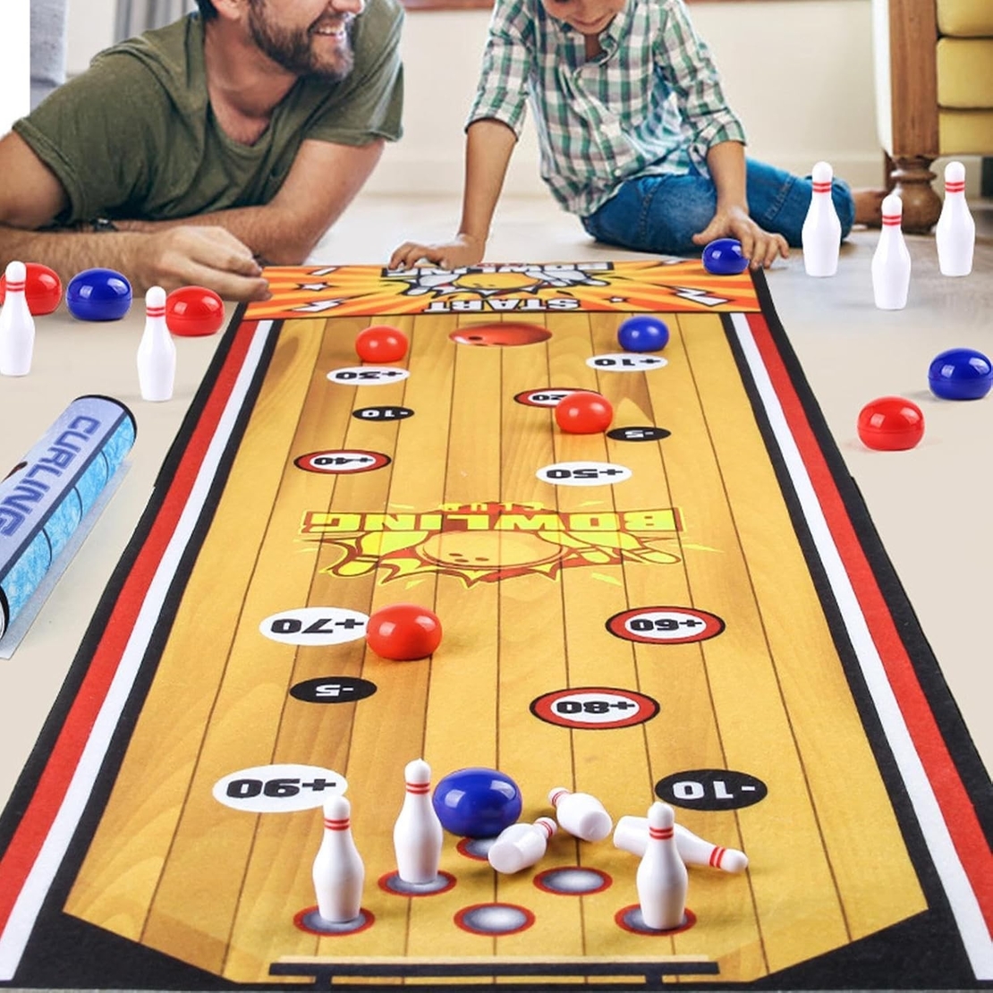 Joc Interactiv, Flippy, Covor de Bowling 90 x 20 cm, 1-4 Jucatori, +5 Ani, 6 Mingi Incluse, 6 Popice, Galben