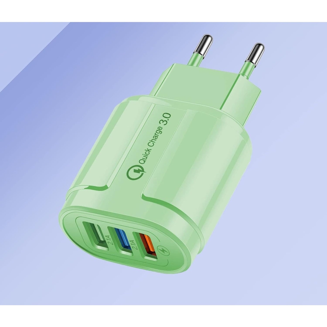 Incarcator Rapid QC3.0, Flippy, 3 Porturi USB, 2.1A, 18W, din ABS, Protectie Supraincalzire, Gama Macarons, Verde