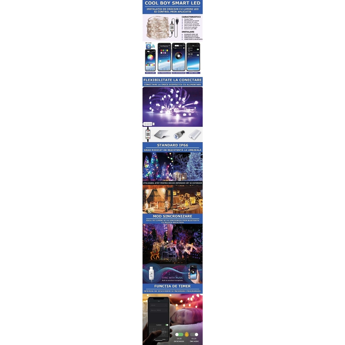 Instalatie Craciun Flippy, 20 m, 200 Led-uri, Liniara, USB, RGB, fir cupru, conectare prin aplicatie telefon, interior/exterior