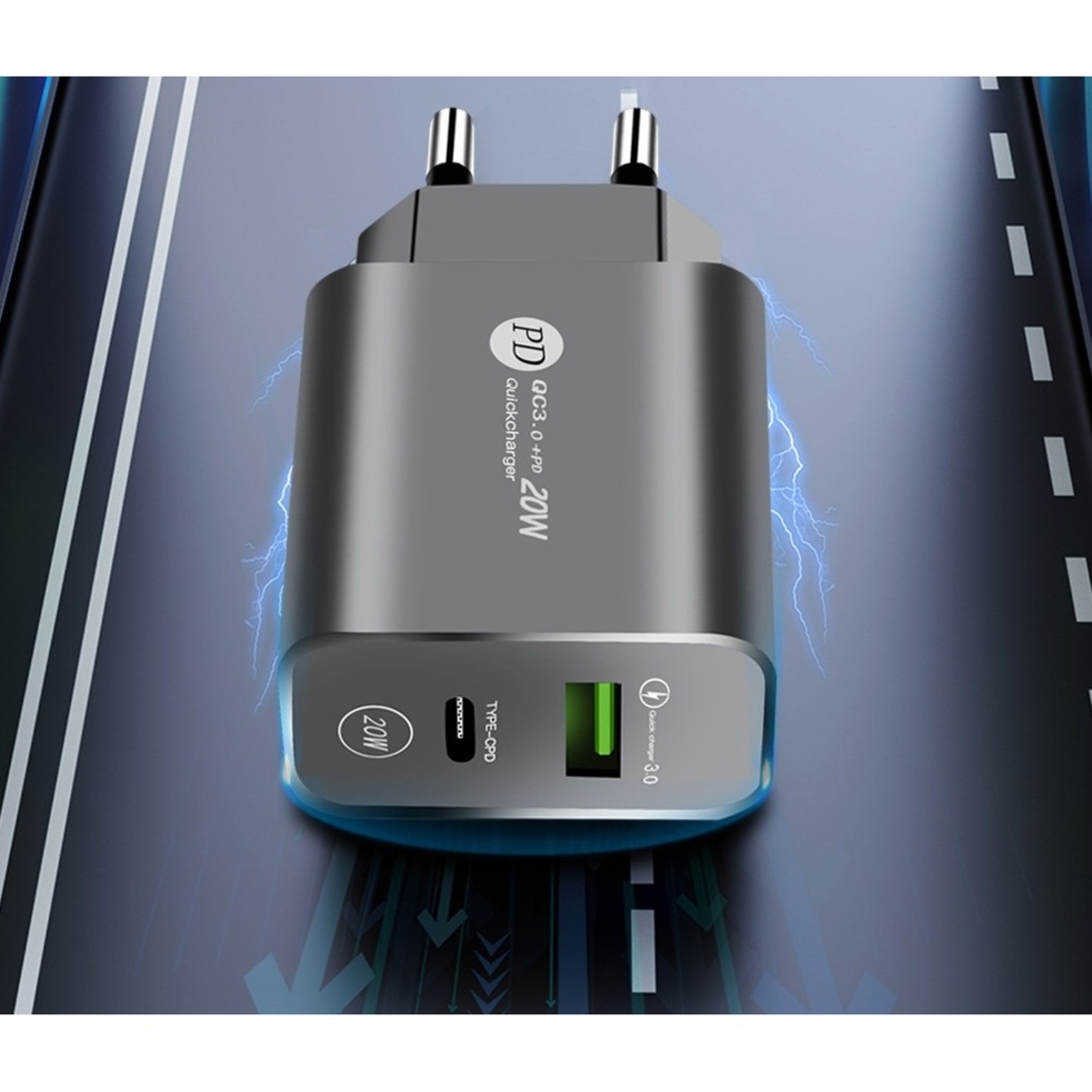 Incarcator Rapid PD QC3.0, Flippy, 2 Porturi, USB + Type C, 20W, Incarcare Rapida, Protectie Supraincalzire, 9.5 x 5.3 x 5.8 cm, Negru