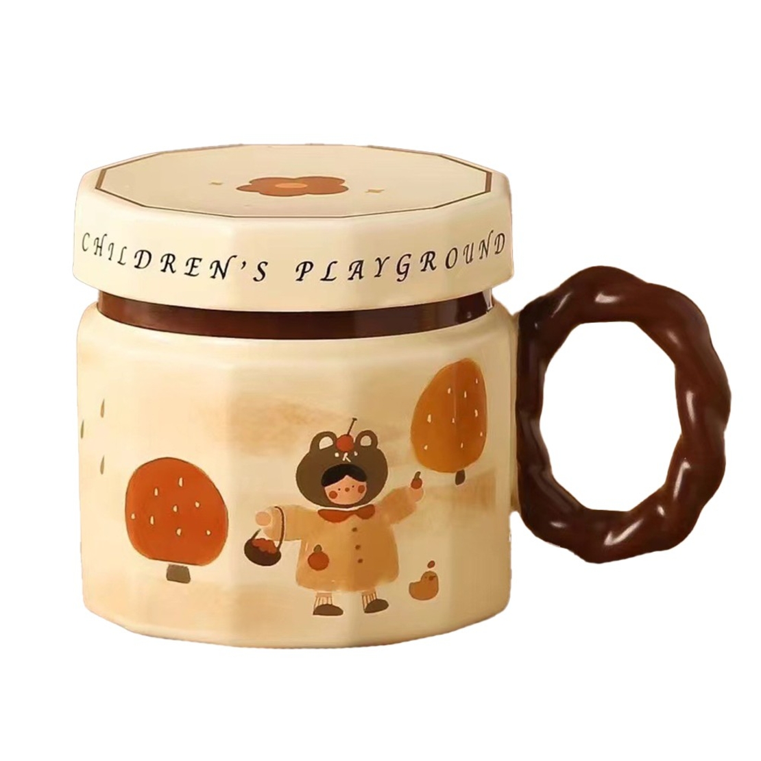 Cana din ceramica, Flippy, Cana pentru Cafea, Ceai, Cana Universala, Unisex, Cana cu Capac, 9 x 8 x 8 cm, 400 ml, Model Fetita, Bej