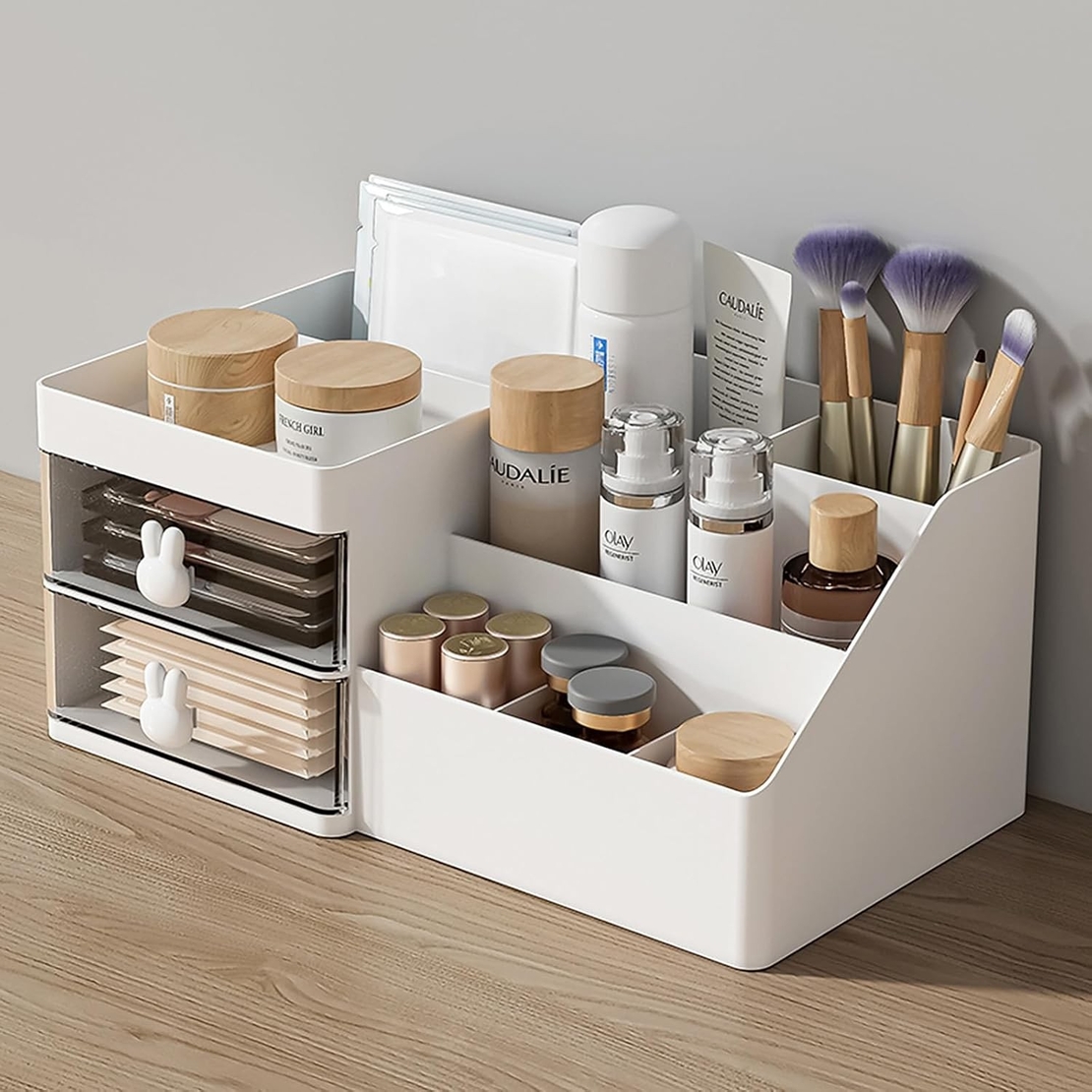 Cutie de Depozitare pentru Birou, Flippy, Pentru Makeup, Papetarie, Organizator Cosmetice, 2 Sertare si Compartimente Multiple, Model Iepuras, Plastic, 27.5x15.5x12 cm, Alb