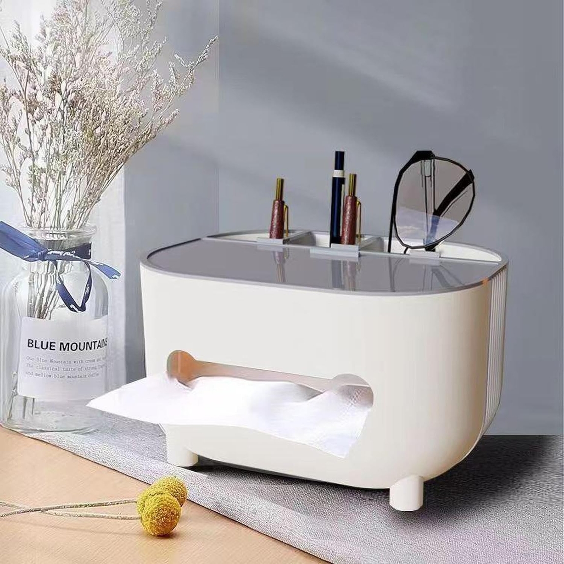 Suport pentru Servetele, Flippy, Cutie Multifunctionala, Design Minimalist, ABS, cu Suport pentru Obiectele Personale, pentru Birou, 21x12x12 cm, Gri