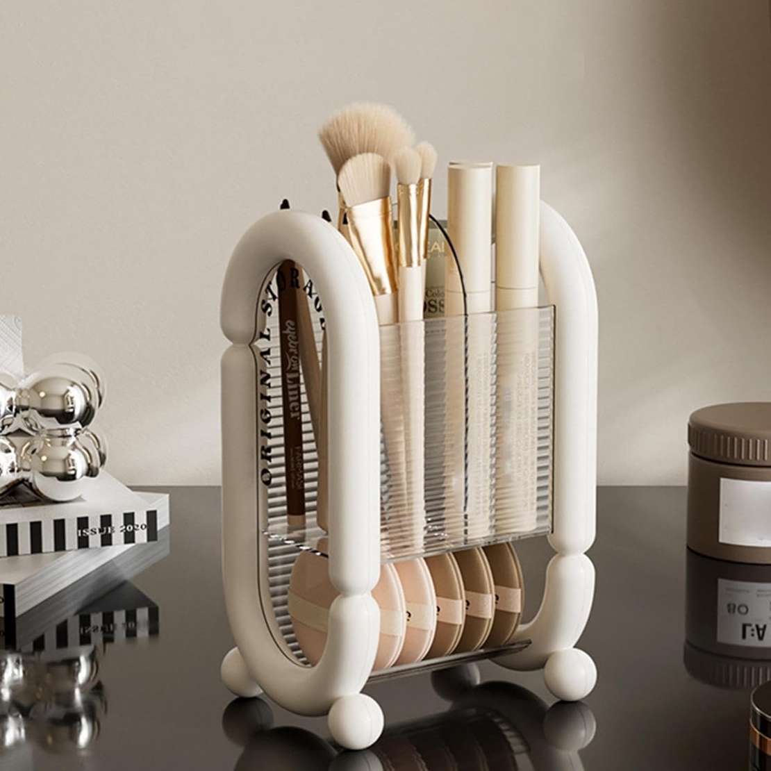 Cutie pentru Depozitare Cosmetice, Flippy, pentru Pensule, Creioane si Buretei, 4 Compartimente, din Plastic, 12 x 10 x 20 cm, Alb