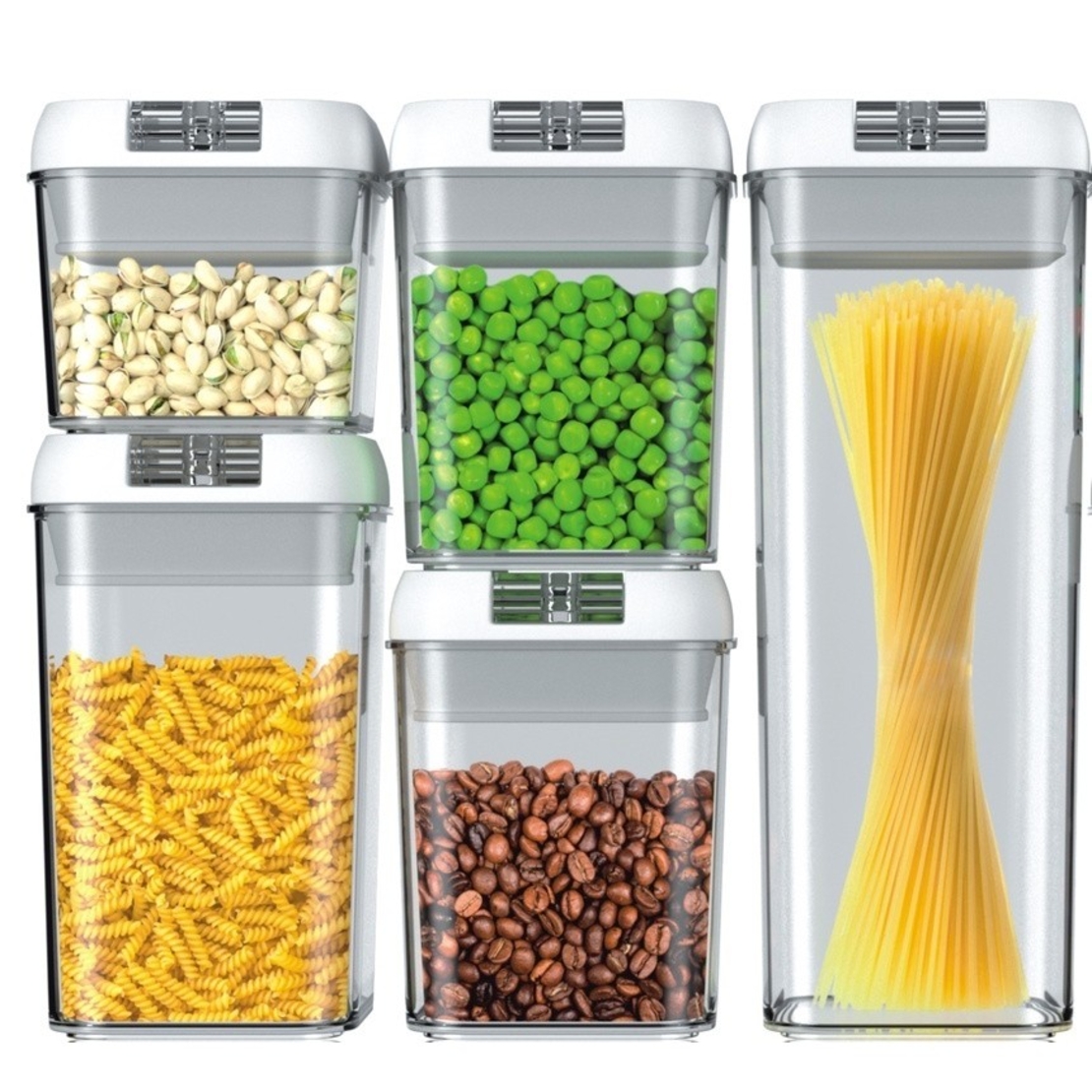 Cutii de Depozitare Alimente, Flippy, set din 5 Cutii pentru Condimente, Volumetrie 0.5l, 0.8l, 1.2l, 1.9l, Transparente cu Capac Alb