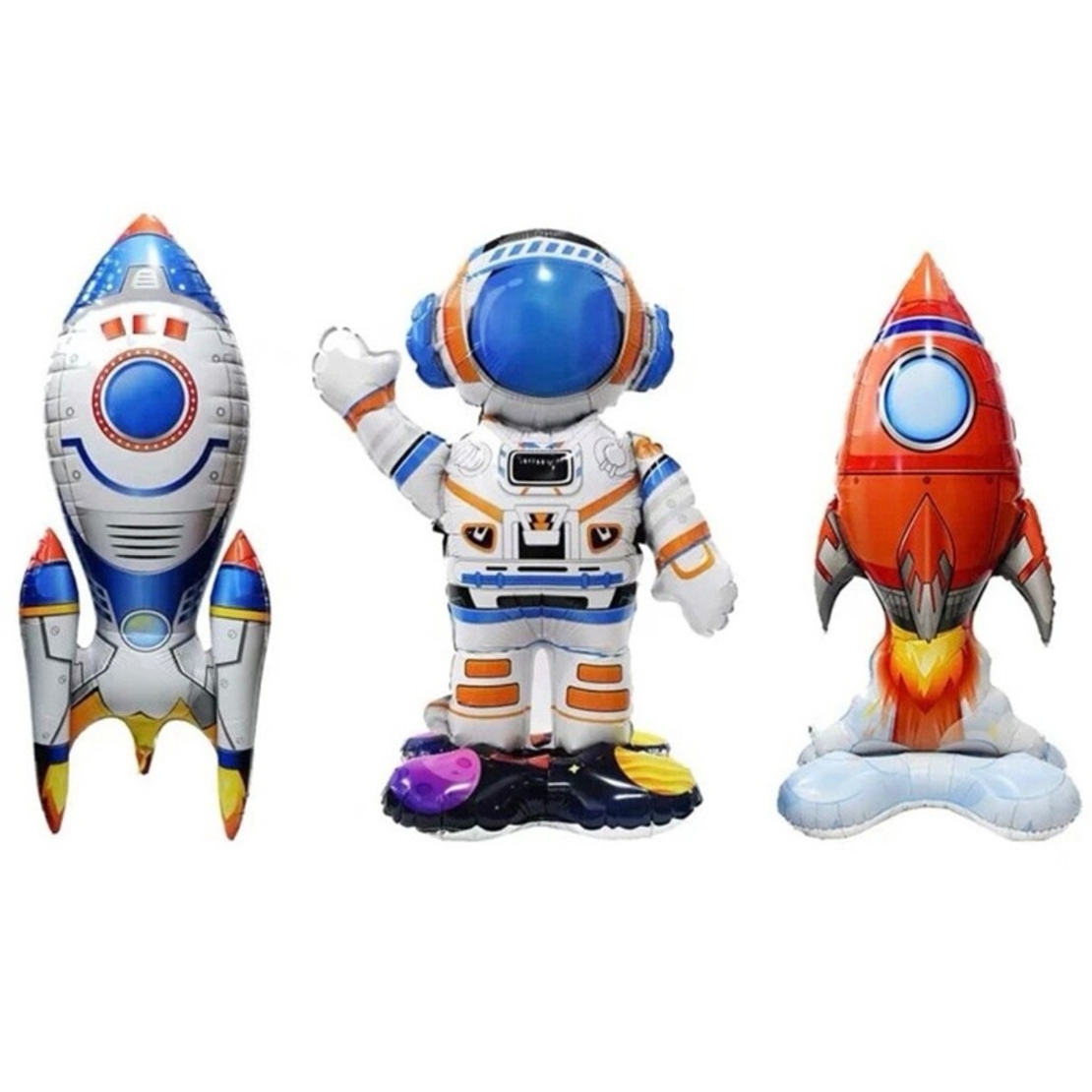 Baloane din Folie Metalizata, Flippy, set 3 Baloane pentru Baieti, Model Astronaut 49 x 69 cm, Racheta Alba 31 x 61 cm, Racheta Rosie 36 x 69 cm, Pai din carton inclus, Multicolor