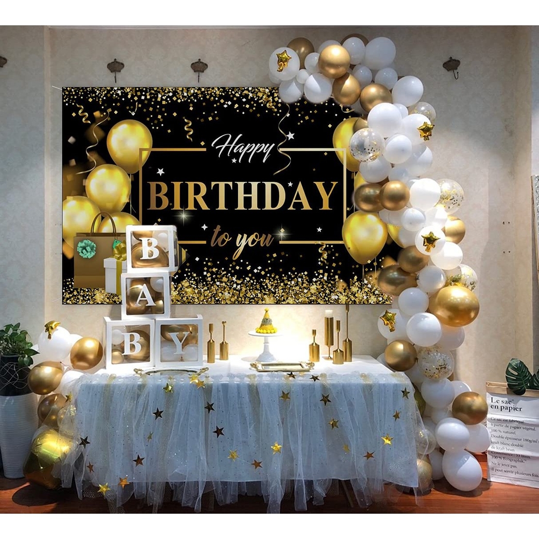 Banner Tip Fundal pentru Poze, Flippy, din Panza, Model Happy Birthday to You, 185 x 110 cm, Sfoara 6 m, Prindere in 4 Colturi, Negru/Auriu
