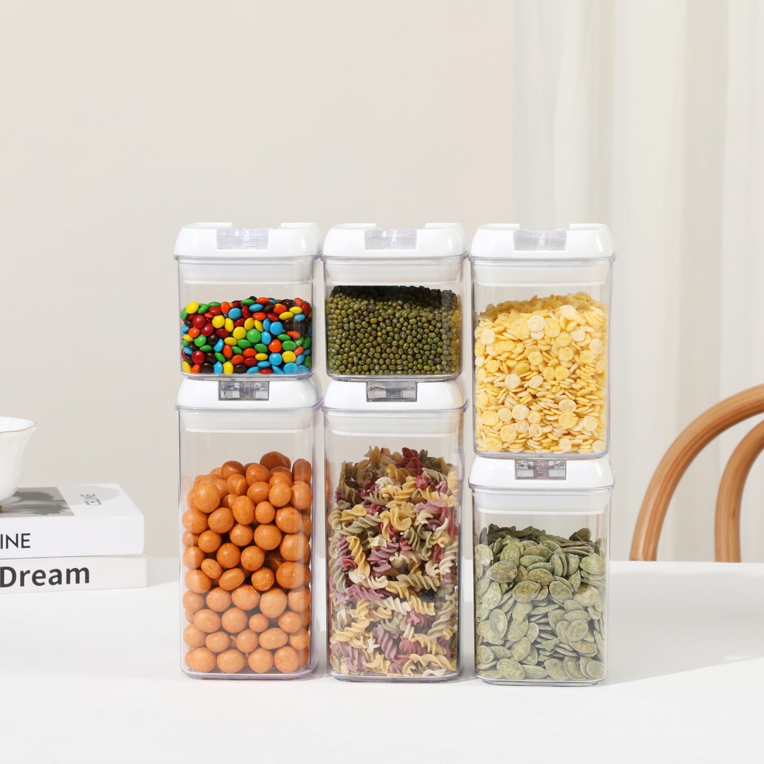Set 6 Recipiente din Plastic, Flippy, pentru Alimente/Obiecte, Inchidere Ermetica, 2 x 0.5l, 2 x 0.8l, 2 x 1.2l, Capac Alb, Transparent