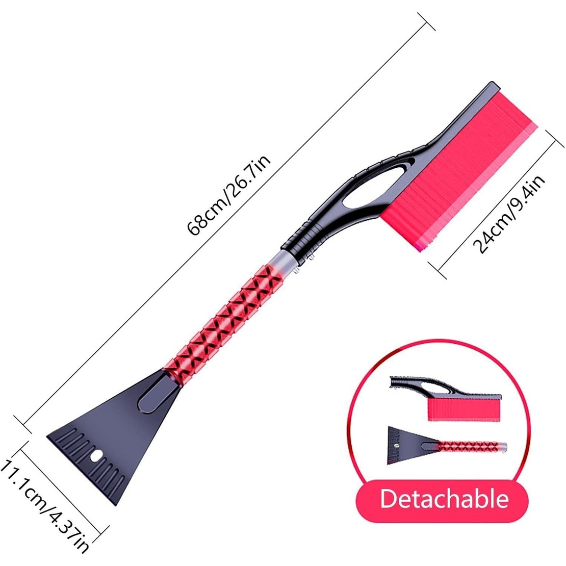 Perie de Zapada cu Racleta pentru Masina, Flippy, Multifunctionala, Demontabila, cu Maner Antiderapant, Aluminiu, Plastic, Fragmentarea Ghetii de pe Parbriz, Solutia pentru Iarna, pentru Dezghetare, 68x24x11.1 cm, Rosu