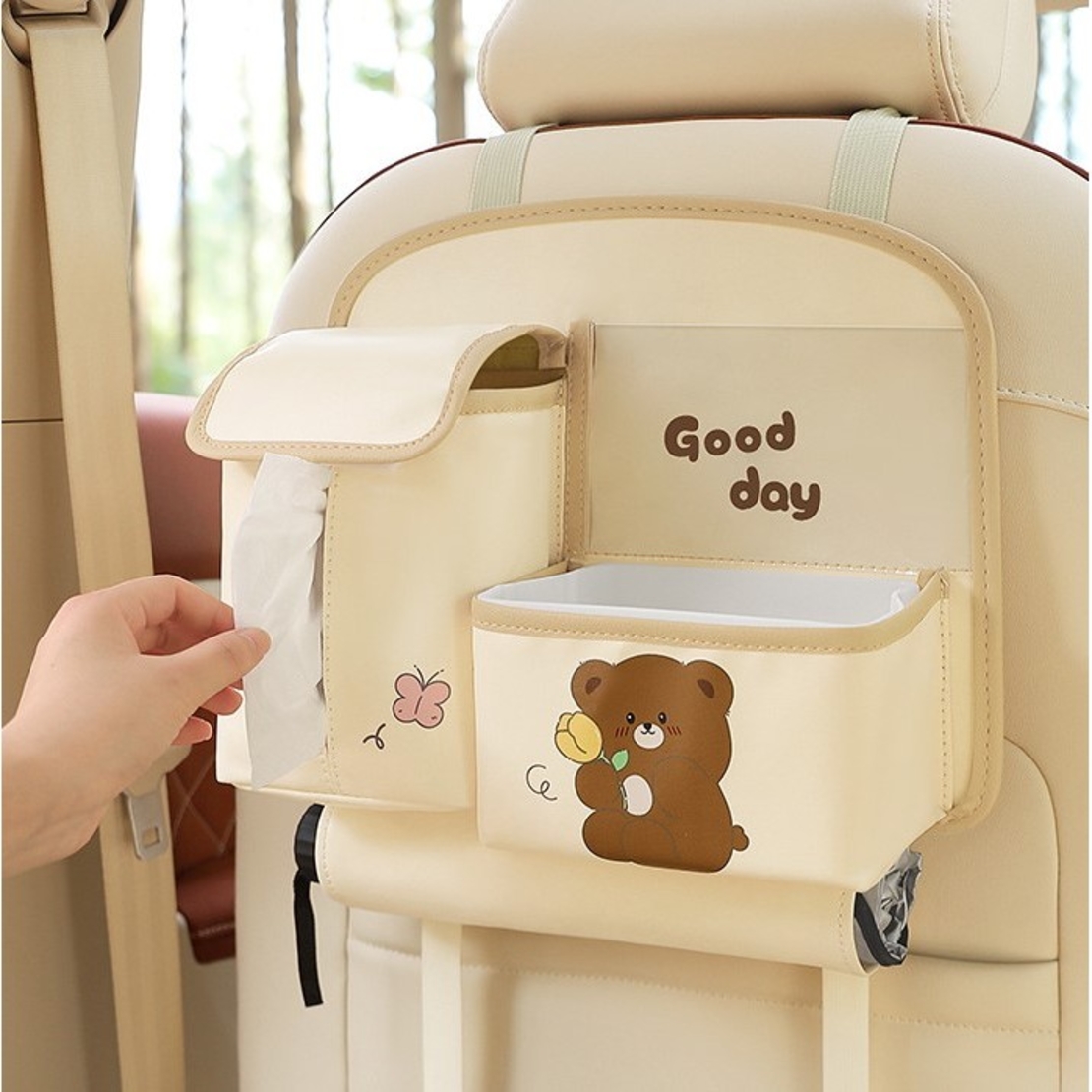 Geanta Multifunctionala de Depozitare, Flippy, pentru Bancheta din Spate a Masinii, Animat, Model Ursuleti, Scris Good Day, Suport Servetele si Telefon, 25x31 cm, Bej