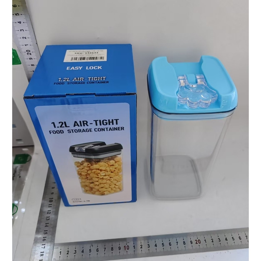 Cutie de Depozitare Alimente, Flippy, 1.2L, Capac Albastru, din PP+PET, Inchidere Ermetica, 10 x 10 x 20.5 cm, Transparent