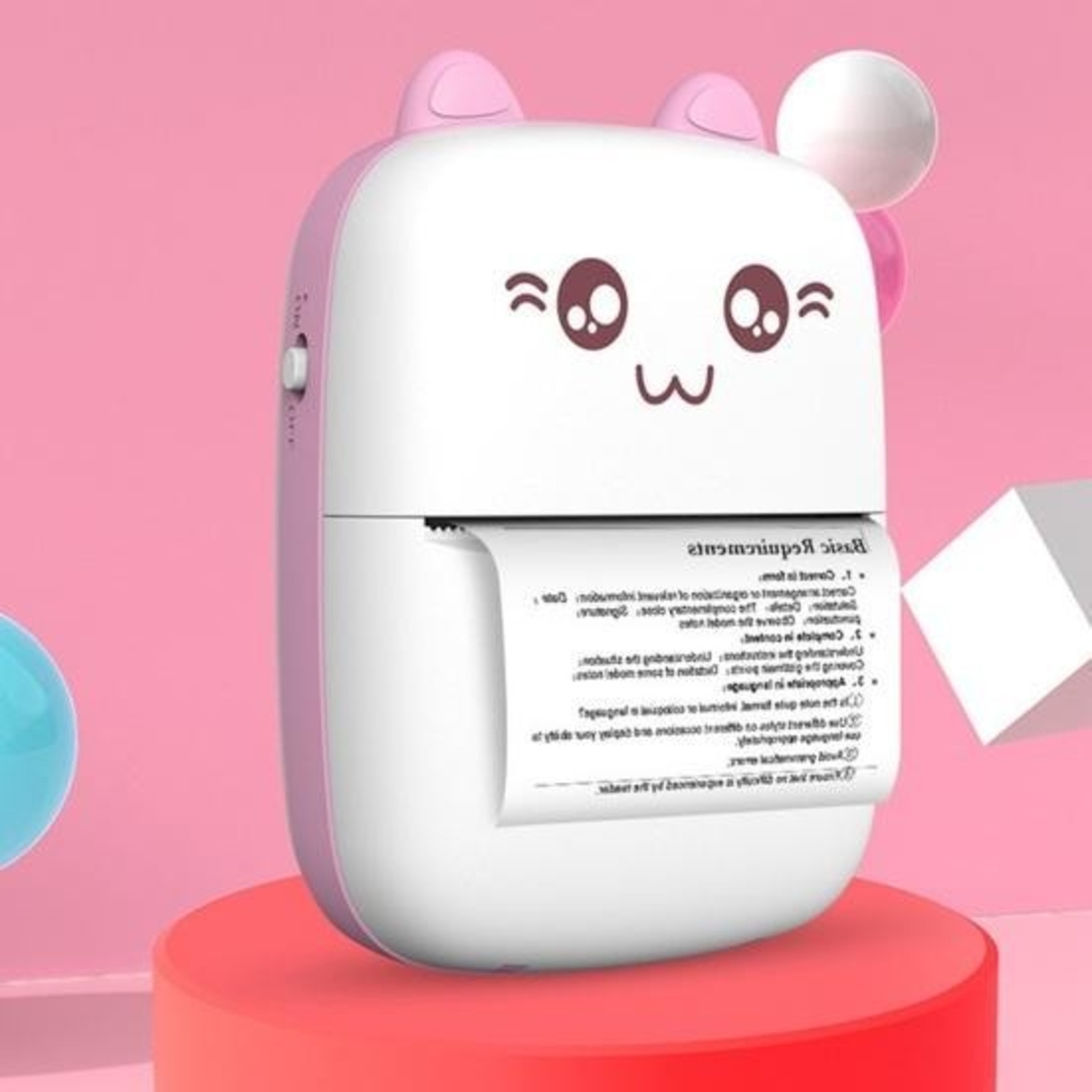 Mini Imprimanta Foto Portabila, Flippy, Incarcare USB, Bluetooth, Model Ursulet, 12 x 9 x 5 cm, Alb Roz