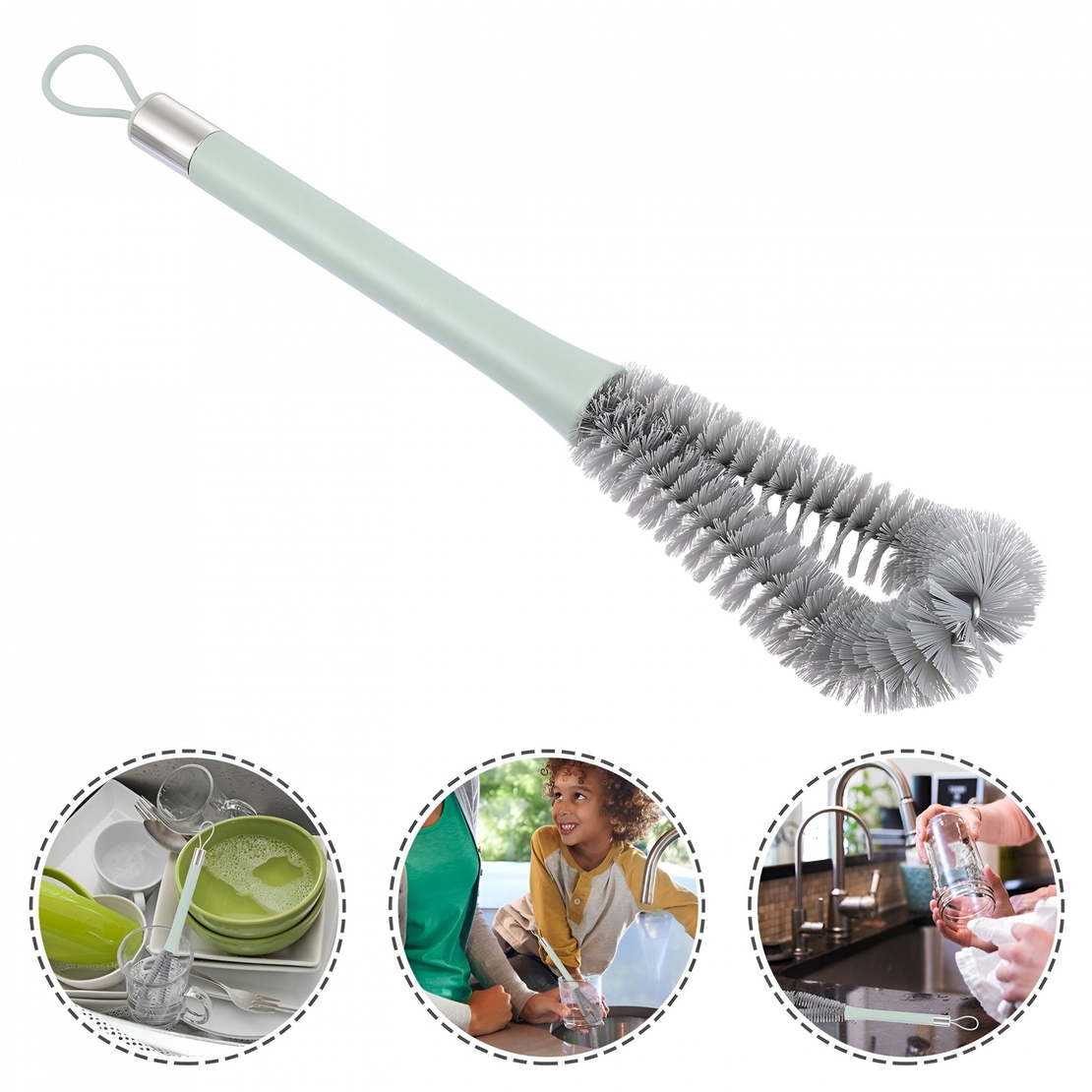 Perie de Curatat Pahare, Sticle, Biberoane, Flippy, cu Maner Lung, Uz Casnic, Silicon, Ergonomic, 3.9x5.4x38.5cm, Verde