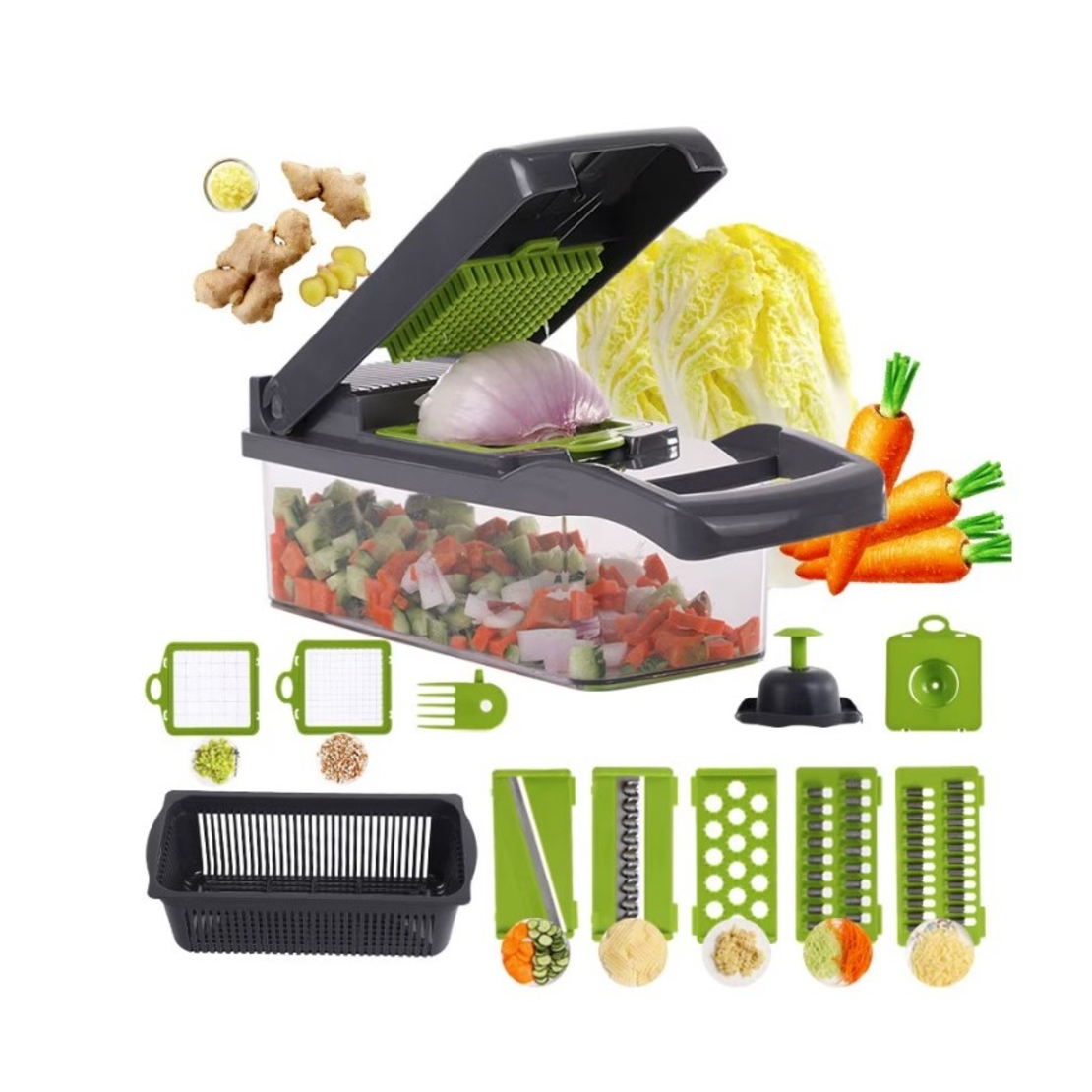 Feliator Multifunctional, Flippy, Razatoare, 8 in 1, pentru Fructe si Legume, 10 Piese, Lame de Inox, Recipient Stocare, Separator Oua, Protectie Mana, ABS, 32.2x11.3 cm, Verde/Gri