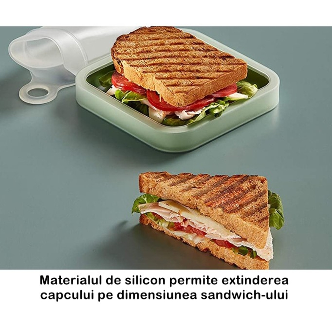Caserola pentru sandwich Flippy, din silicon si polipropilena, portabil, usor de curatat, capac anti-scurgere, reutilizabil, 15.5 x 15.5 x 2.5 cm, verde