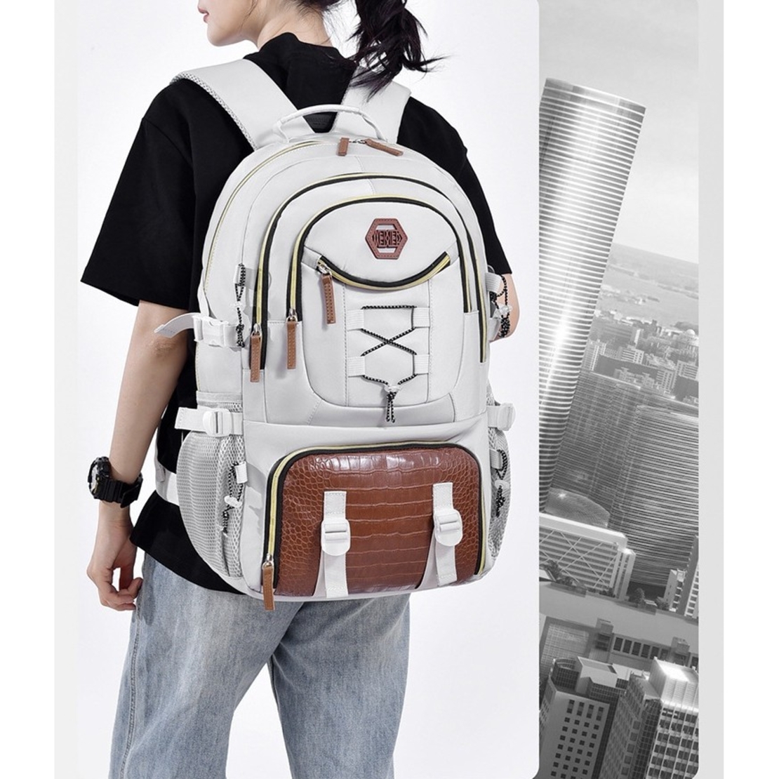 Rucsac Multifunctional pentru Calatorie, Flippy, pentru Alpinism, Voiaj, Drumetii, din Panza Oxford, 34x16x52 cm, Alb